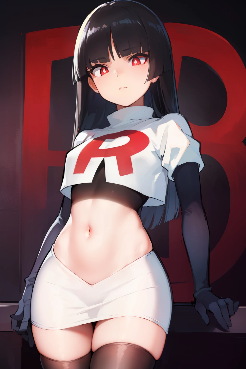 pokemonsabrina, pokemonsabrina, black hair, long hair, bangs, (blunt bangs:1.5), (red eyes:1.5), sidelocks, (bright pupils:1.5), (white pupils:1.5),
BREAK team rocket,team rocket uniform, red letter R, white skirt,white crop top,black thigh-highs, black elbow gloves,
BREAK looking at viewer, (cowboy shot:1.5),
BREAK (masterpiece:1.2), best quality, high resolution, unity 8k wallpaper, (illustration:0.8), (beautiful detailed eyes:1.6), extremely detailed face, perfect lighting, extremely detailed CG, (perfect hands, perfect anatomy),