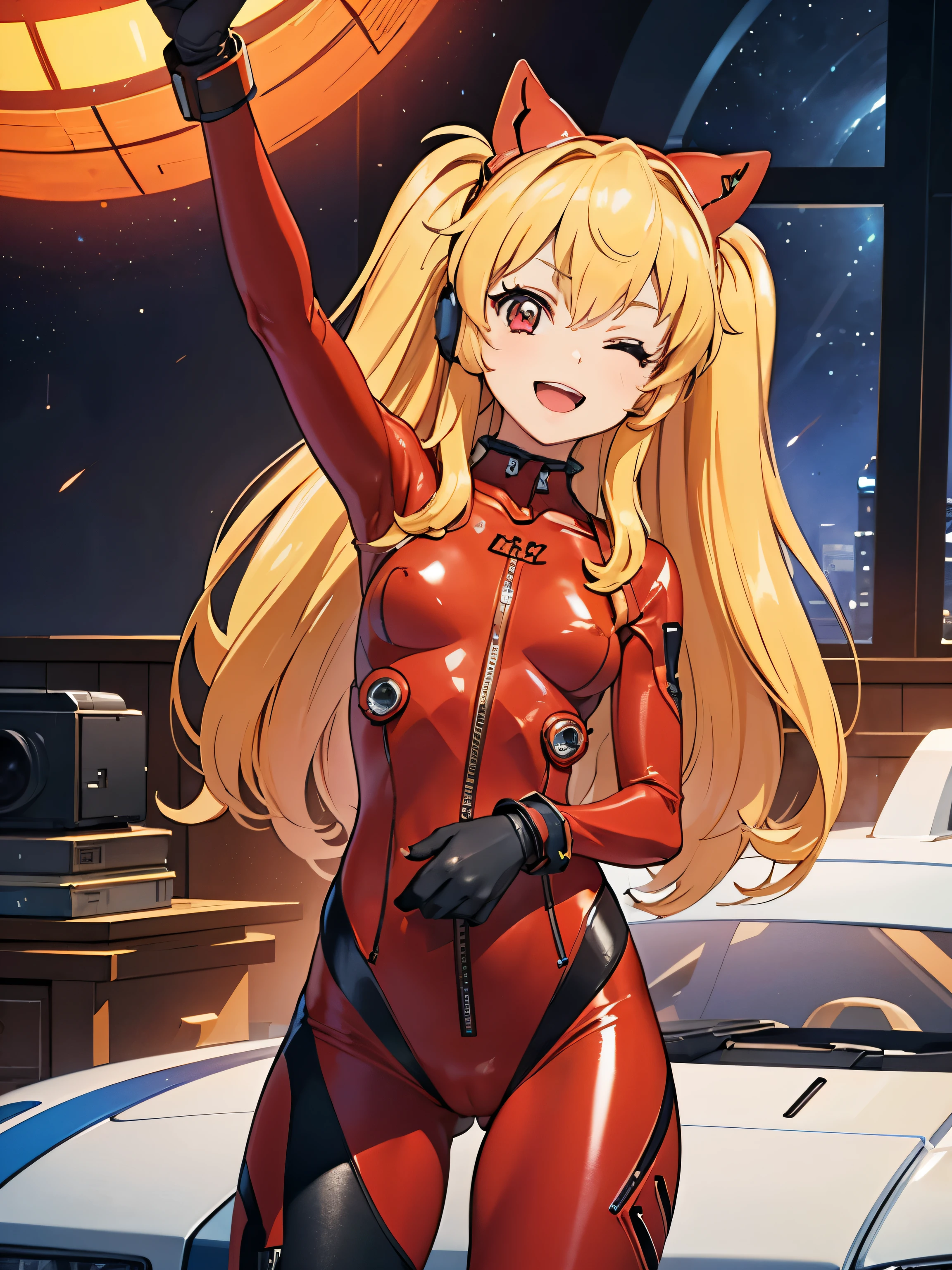(俯瞰figure),dynamic angle,super detailed, figure, close, straight, 1 girl, 
 ((Soryu Asuka Langley, interface headset, red bodysuit:1.4, blonde)),Her eyes shone like dream-like stars,(shining eyes:1.233),(beautiful and detailed eyes:1.1),(No expression),(Are standing), the last spell（prompt）
(masterpiece, highest quality, ultra high resolution, perfect anatomy, very detailed),
break,
1 girl,
,
red eyes,
twin tails,
black hair,
big ribbon in hair,
idol costume,
break,
(pointing),
(full face),
closed one eye,
(open your mouth),
glow eyes,
smile,
stage light,
(Maintenance room with tools and spaceship windows inside a white spaceship),
(night:1.2),dream-like, [[delicate fingers and hands:0.55]::0.85],(finger details),