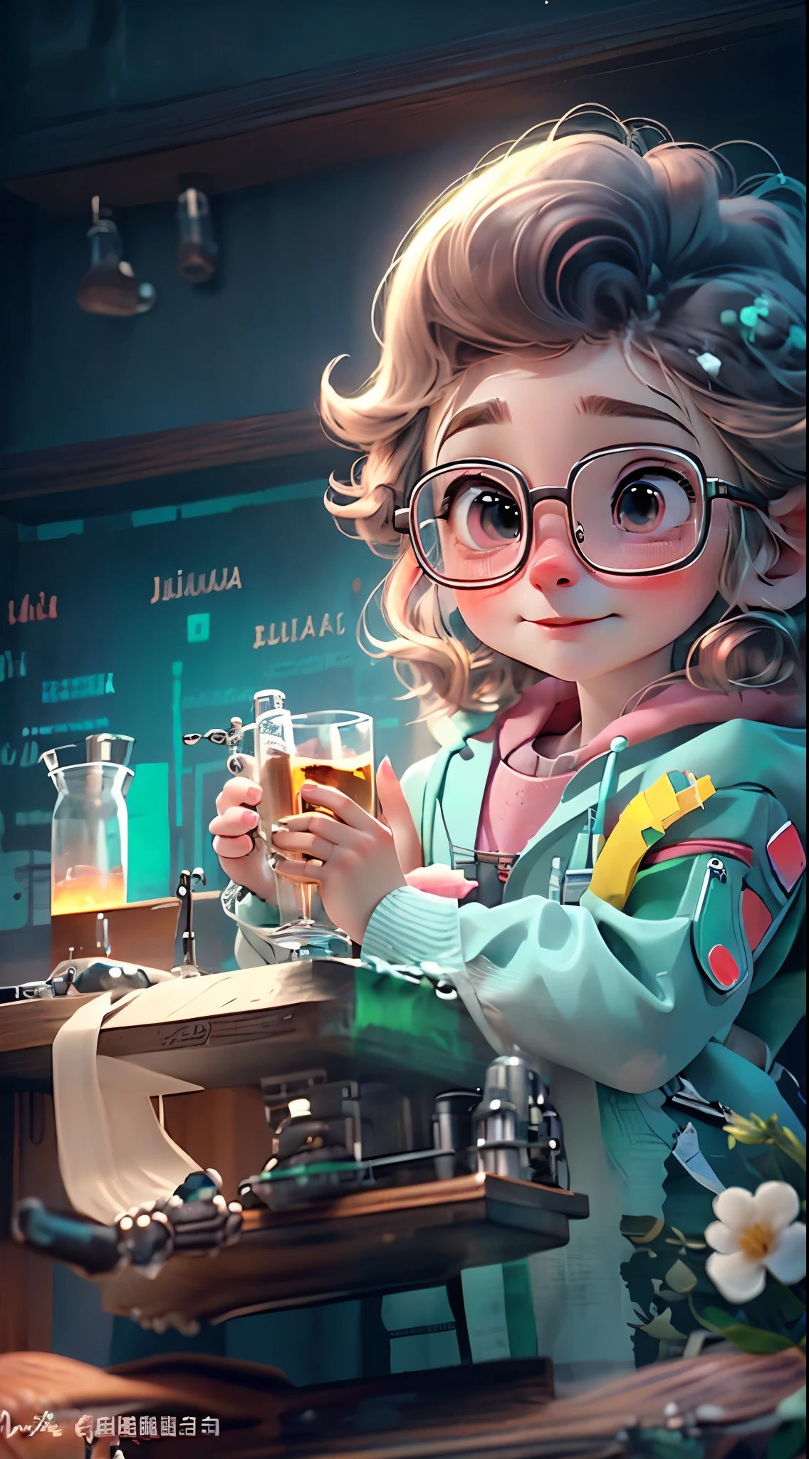 melhor qualidade,ultra-detalhado,Realista,Science Laboratory,Chemical experiment,Chemical Equipment,cientistas trabalhando,copos,bico de Bunsen,microscope,laboratory glassware,measuring cylinders,jalecos,laboratory safety glasses,science books,Periodic table,scientific research,descobertas,new inventions,innovation,aprendizado,education,cultura Geek Geek veste um jaleco com detalhes pink, her coat is charming and cute with ultra chemistry details ,Curiosidade,Technological advancements,cores vibrantes,soft lighting,modern laboratory,atmosfera nerd,laboratory instruments,hypothesis testing,Scientific method,symbolic representation,Critical thinking,experimentos geeks,precision,precision,detalhes intrincados,impressive scientific setup,elementos naturais,exploration of the mysteries of science,desvendando os segredos da natureza.