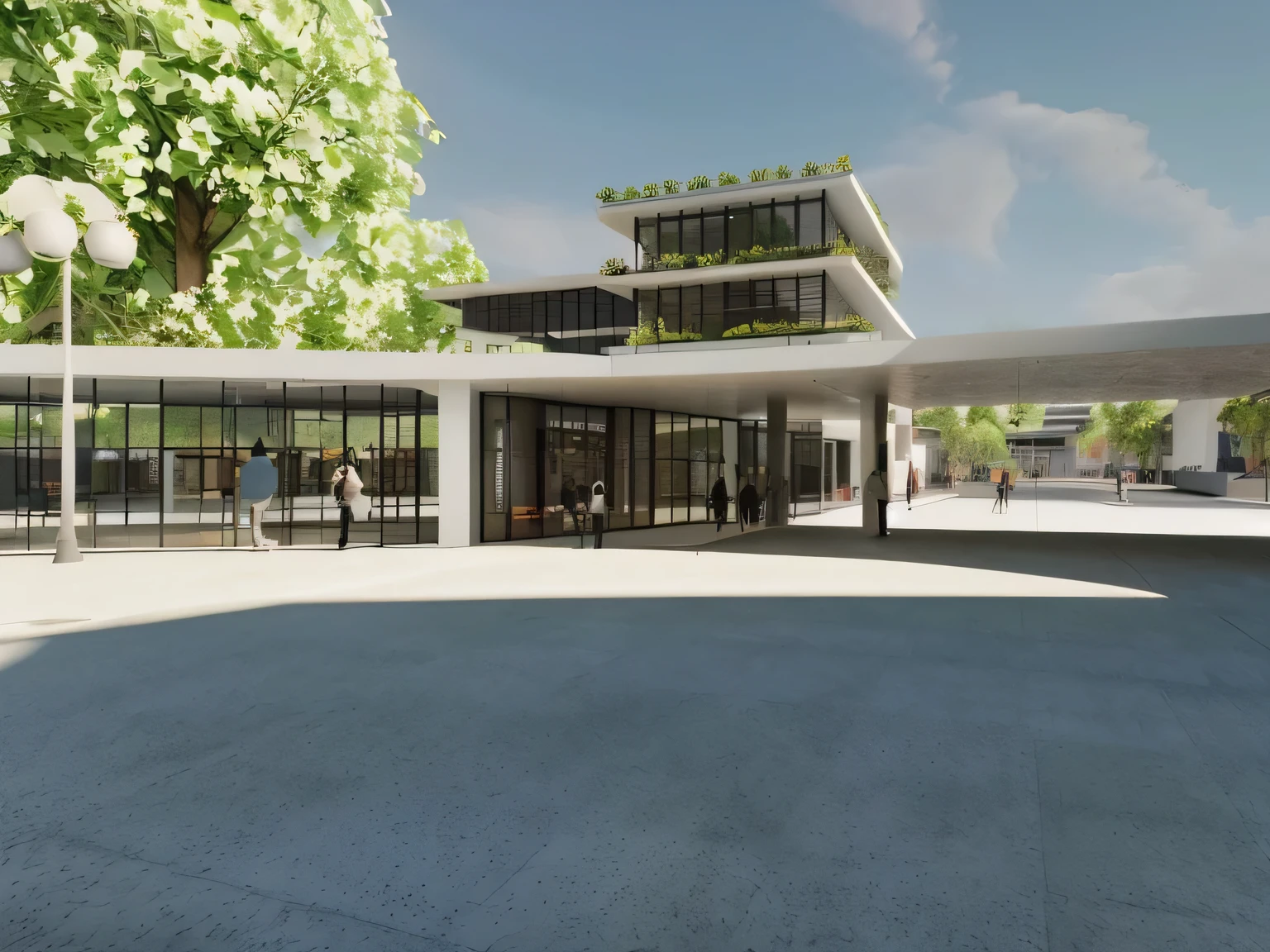 rendering of a modern building with people walking in it, musical presentation, pessoas reais, useu, lojas, trade, cachorros e pessoas alegres, architectural rendering, architectural 3D rendering, from street level, detail rendering, digital rendering, view from ground level, Sharp HQ rendering