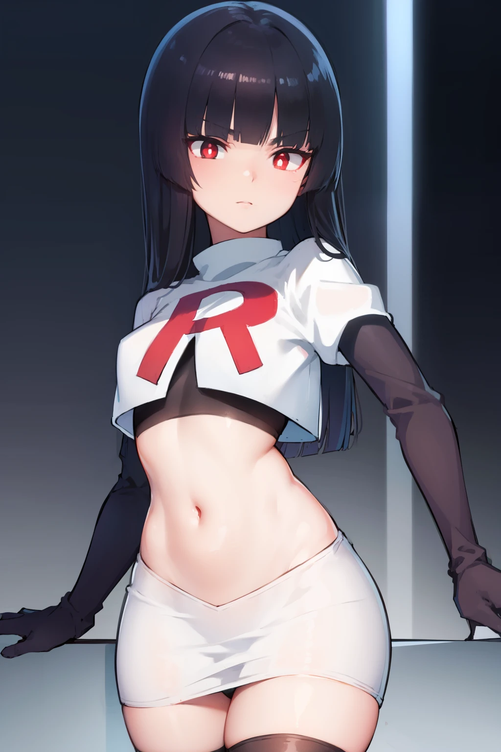 pokemonsabrina, pokemonsabrina, black hair, long hair, bangs, (blunt bangs:1.5), (red eyes:1.5), sidelocks, (bright pupils:1.5), (white pupils:1.5),
BREAK team rocket,team rocket uniform, red letter R, white skirt,white crop top,black thigh-highs, black elbow gloves,
BREAK looking at viewer, (cowboy shot:1.5),
BREAK (masterpiece:1.2), best quality, high resolution, unity 8k wallpaper, (illustration:0.8), (beautiful detailed eyes:1.6), extremely detailed face, perfect lighting, extremely detailed CG, (perfect hands, perfect anatomy),