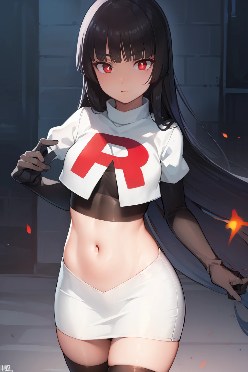 pokemonsabrina, pokemonsabrina, black hair, long hair, bangs, (blunt bangs:1.5), (red eyes:1.5), sidelocks, (bright pupils:1.5), (white pupils:1.5),
BREAK team rocket,team rocket uniform, red letter R, white skirt,white crop top,black thigh-highs, black elbow gloves,
BREAK looking at viewer, (cowboy shot:1.5),
BREAK (masterpiece:1.2), best quality, high resolution, unity 8k wallpaper, (illustration:0.8), (beautiful detailed eyes:1.6), extremely detailed face, perfect lighting, extremely detailed CG, (perfect hands, perfect anatomy),