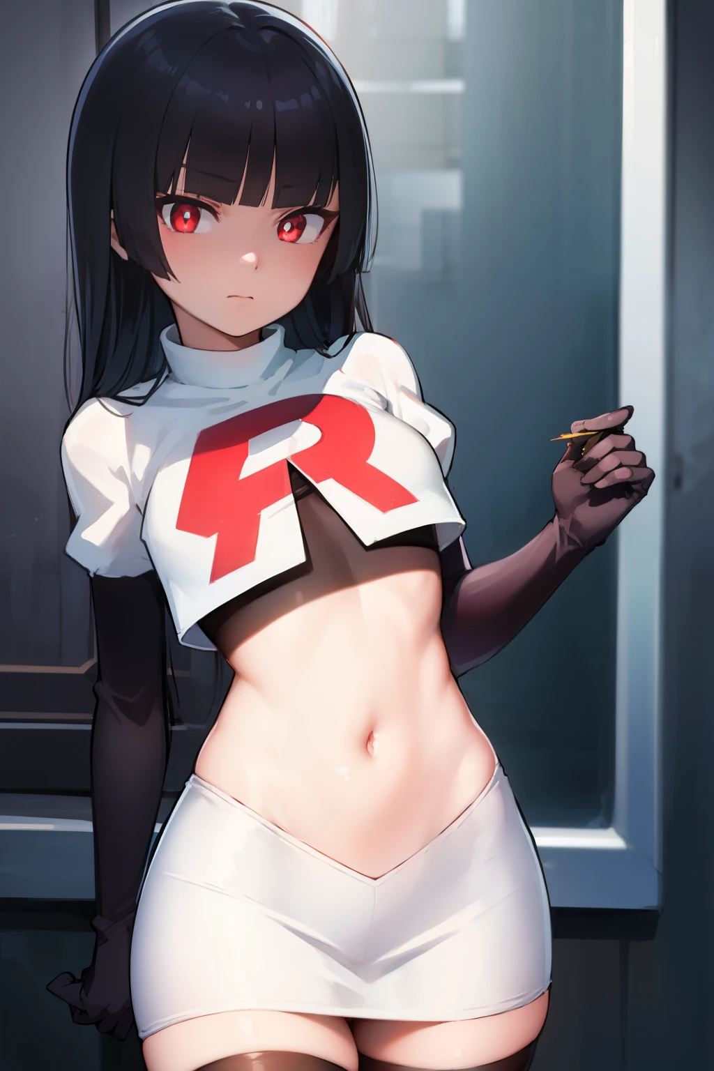 pokemonsabrina, pokemonsabrina, black hair, long hair, bangs, (blunt bangs:1.5), (red eyes:1.5), sidelocks, (bright pupils:1.5), (white pupils:1.5),
BREAK team rocket,team rocket uniform, red letter R, white skirt,white crop top,black thigh-highs, black elbow gloves,
BREAK looking at viewer, (cowboy shot:1.5),
BREAK (masterpiece:1.2), best quality, high resolution, unity 8k wallpaper, (illustration:0.8), (beautiful detailed eyes:1.6), extremely detailed face, perfect lighting, extremely detailed CG, (perfect hands, perfect anatomy),