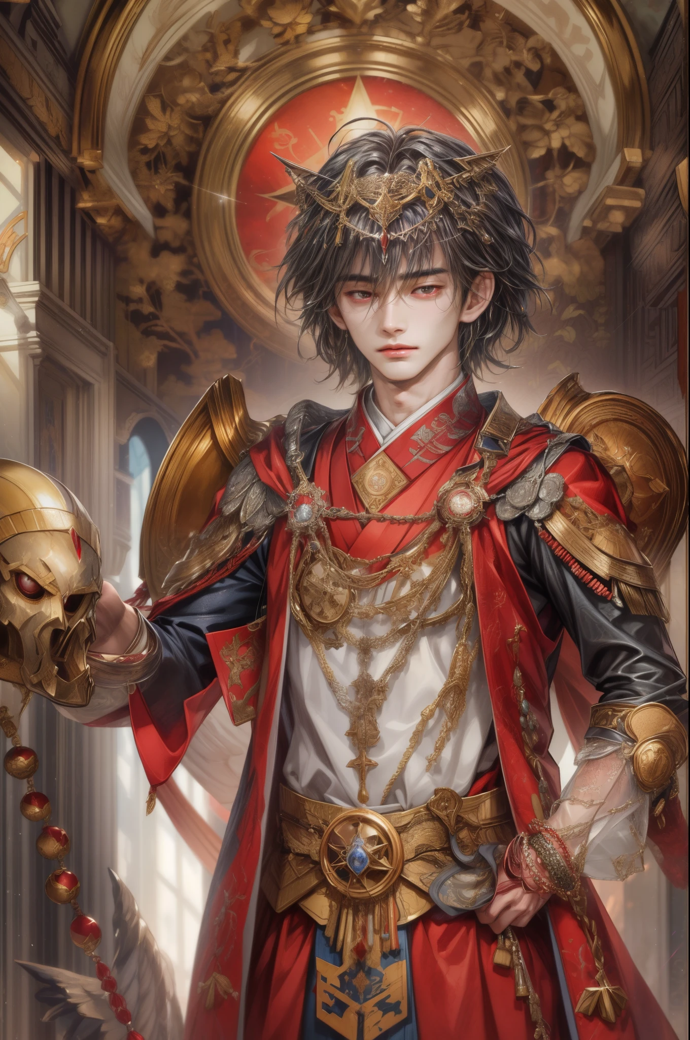 (absurdres, highres, ultra detailed, HDR), masterpiece, best quality, close-up picture of a Valkyrie Anatomia character, kokuyo, arbiter hrist, handsome young boy, short hair, korean handsome face, big eyes, red eyes, detailed scenery of a gnostic mansion interiors, detailed character