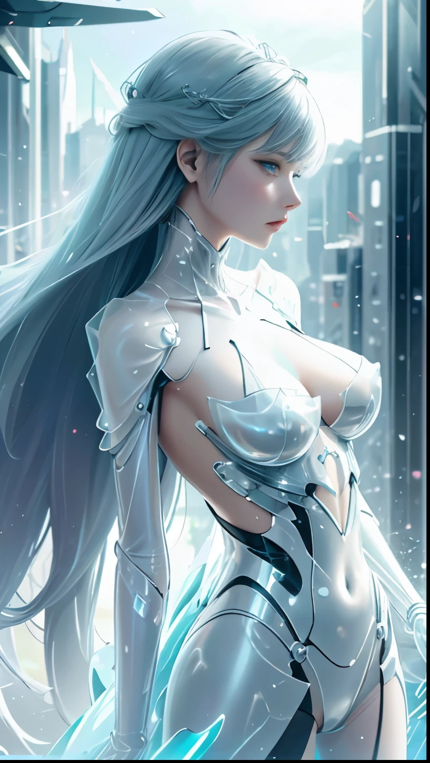 Translucent ethereal mechanical girl,Futuristic girl,Mechanical joints,futuristic urban background,ModelShoot style, (Extremely detailed Cg Unity 8K wallpaper), The beauty of abstract stylization,,surrealism, 8K, Super detail, Best quality, Award-Awarded, Anatomically correct, 16k, Super detail, (beautiful face and eye, double eyelid,delicate skin,cool beauty,tall girl ,slender body shape),big breast