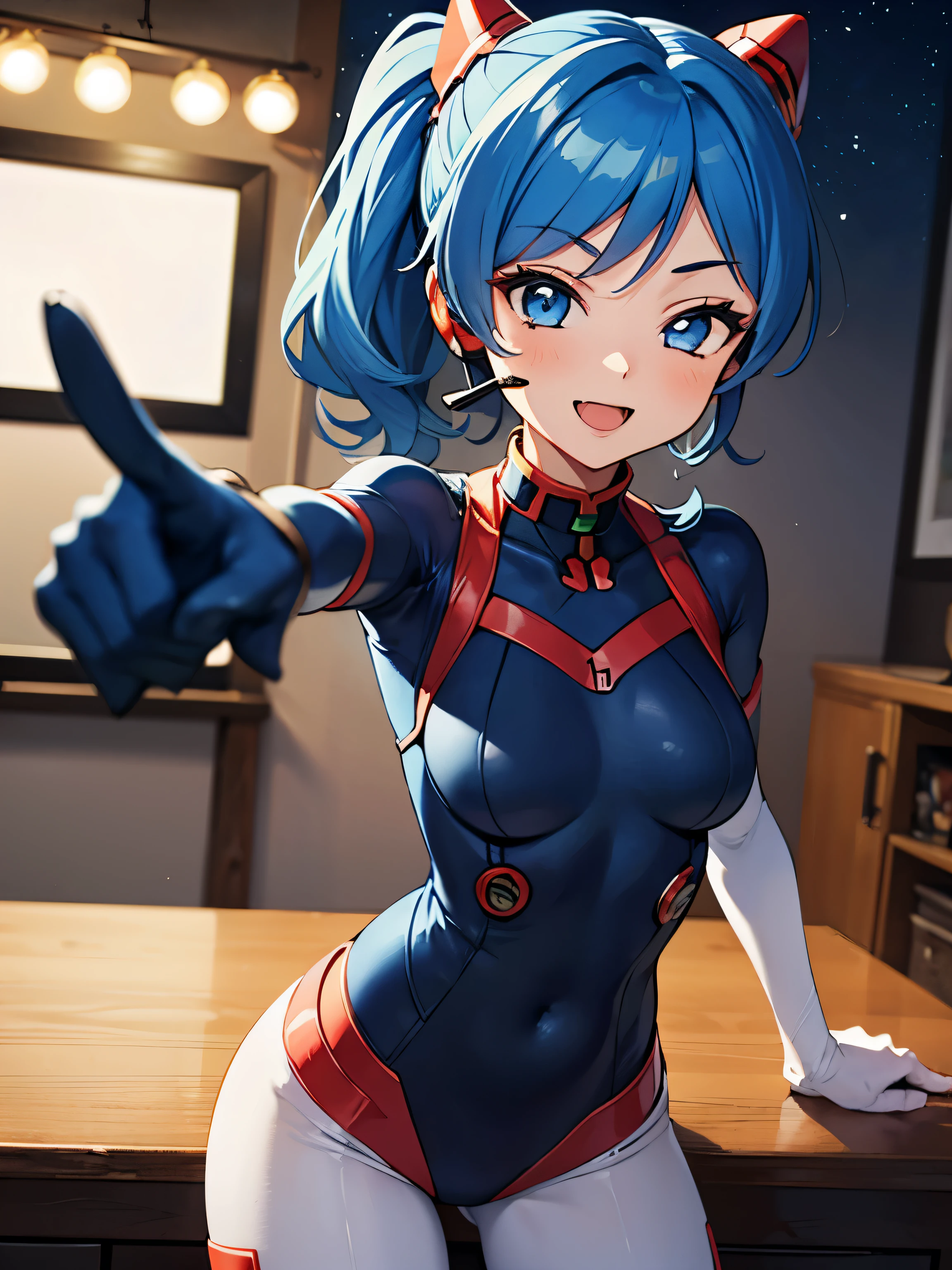 aikatsu,（俯瞰figure),dynamic angle,super detailed, figure, close, straight, 1 girl, ((green souryuu asuka langley, interface headset, green bodysuit:1.4, green)),Her eyes shone like dream-like stars,(shining eyes:1.233),(beautiful and detailed eyes:1.1),(No expression),(Are standing), (masterpiece, highest quality, ultra high resolution, perfect anatomy, very detailed), break, 1 girl, 14 years old, red eyes, ~ side_ponytail, green hair, big ribbon in hair, idol costume, break, (pointing), (full face), closed one eye, (open your mouth), glow eyes, smile, stage light, (Maintenance room with tools and spaceship windows inside a white spaceship), (night:1.2),dream-like, [[delicate fingers and hands:0.55]::0.85],(finger details),