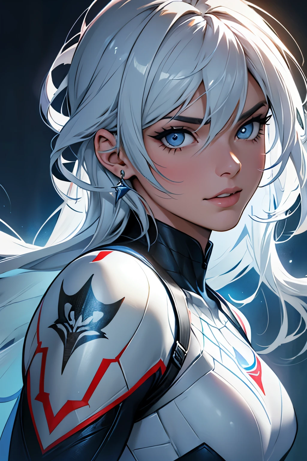 Cabelos Prateados e Olhos Azuis: Teia de Prata possui cabelos prateados que brilham como a luz da lua, contrastando com seus olhos azuis penetrantes. Her heroine costume is predominantly silver., com detalhes em azul e preto, inspired by the aesthetics of Spider-Man. His face expresses determination and courage, reflecting his dedication to protecting the innocent and fighting crime.