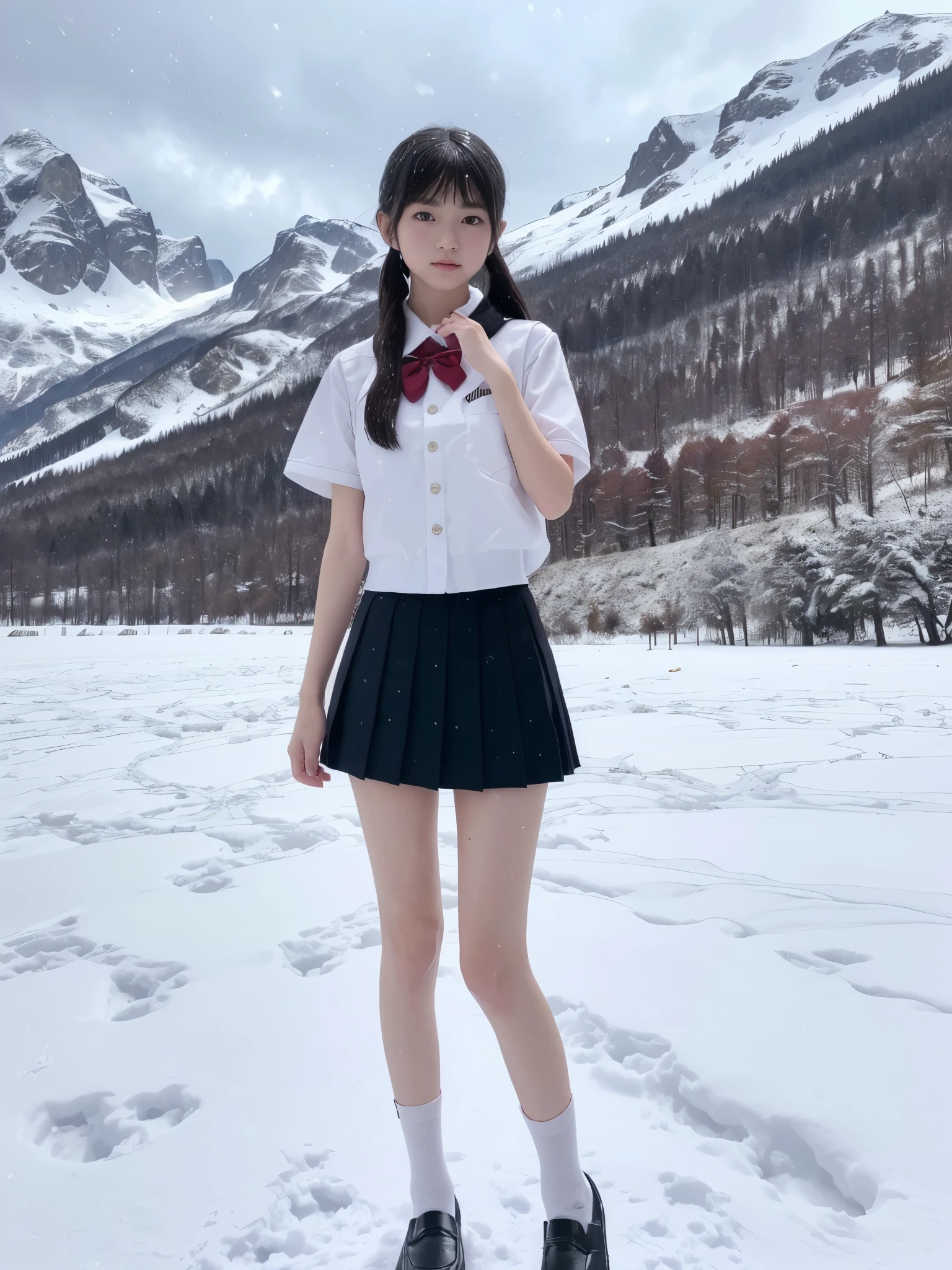 (in 8K、RAW Photos、top-quality、masterpiece:1.2), (realisitic、Photorealsitic:1.37), ultra-detailliert, high resolution, 1girl in, a closeup, Raw feet, black eyes, japanese, color_contact_lens, (beautiful legs:1.3), (slender girl:1.4), a beauty girl, (Thin legs:1.3), a sailor suit, , high-school girl, JK, Ultra mini skirt, Dark blue pleated skirt, Short socks, Tri-fold socks, white sock, (short sleeves:1.2), (black loafers shoes:1.3), Full body, (standing:1.2), (heavy snowing:1.3), (deep snow:1.2),(Mountain_background:1.2), red_ribbon, pink_skirt