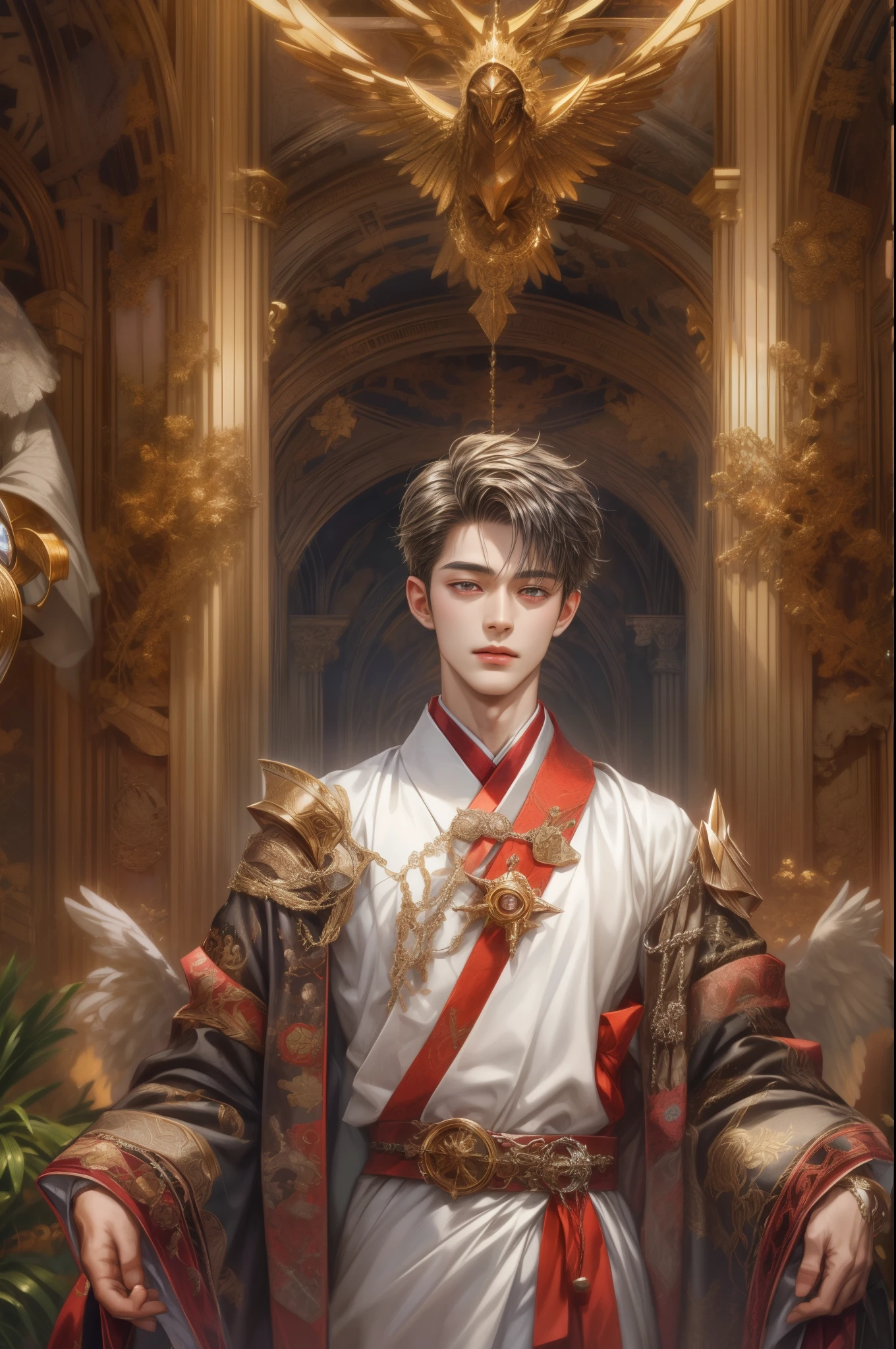 (absurdres, highres, ultra detailed, HDR), masterpiece, best quality, close-up picture of a Valkyrie Anatomia character, kokuyo, arbiter hrist, handsome young boy, short hair, korean handsome face, big eyes, red eyes, detailed scenery of a gnostic mansion interiors, detailed character