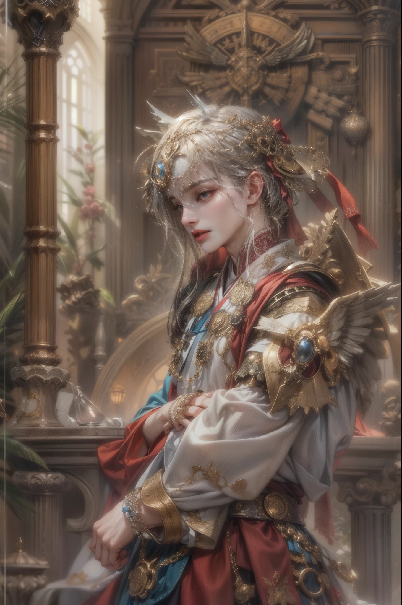 (absurdres, highres, ultra detailed, HDR), masterpiece, best quality, close-up picture of a Valkyrie Anatomia character, kokuyo, arbiter hrist, handsome young boy, short hair, korean handsome face, big eyes, red eyes, detailed scenery of a gnostic mansion interiors, detailed character