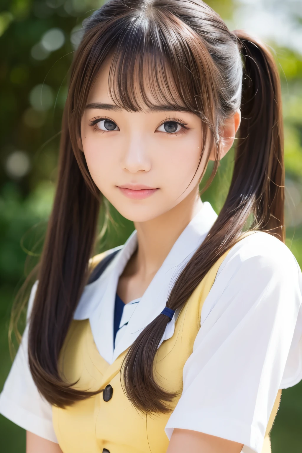 (8k, Photoreal, Raw photo, best image quality: 1.4), Japanese high school girl、twin tails、super detail face、eye for details、double eyelid、sharp focus:1.2、Beautiful woman:1.4、light brown hair、highest quality、masterpiece、超A high resolution、(Photoreal:1.4)、Highly detailed and professionally lit smiles、school uniform、shoulder out、thin、