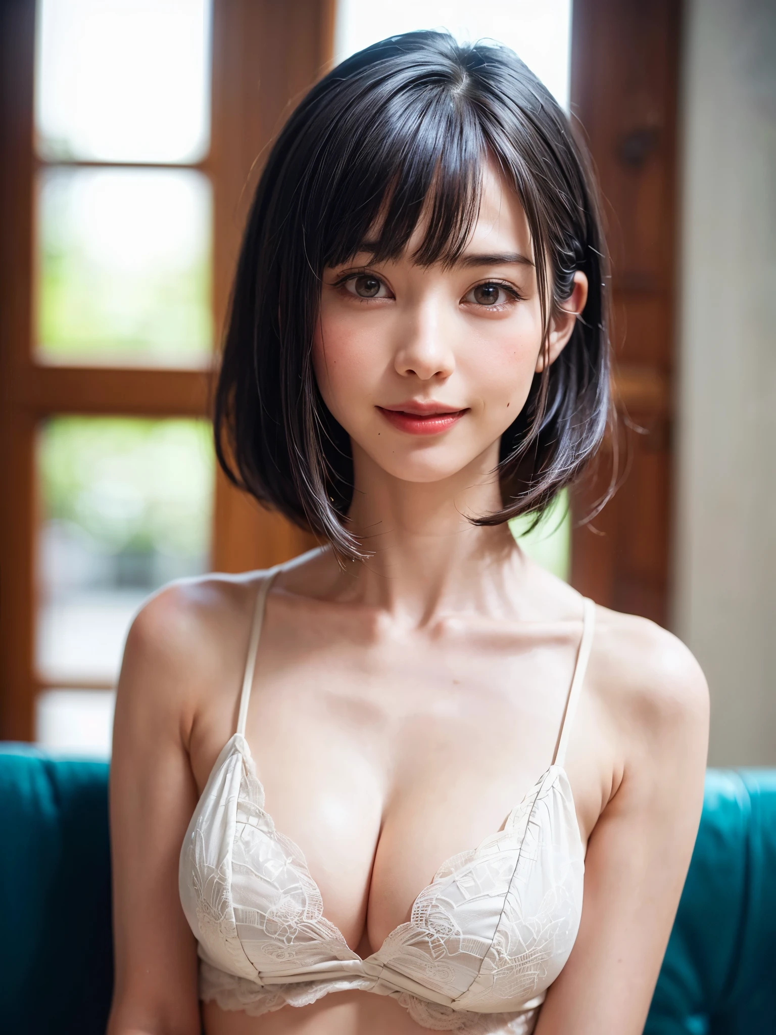 (table top, highest quality、ultra high resolution、face focus focus、focus on the sides、navel focus、decolletage focus、very attractive beauty、Adds intense highlights to the eyes、look closely at the camera:1.4、Absolutely beautiful bangs:1.4、Brunette short bob hair with bangs:1.4),1 girl, Report, black haired, realistic, looking at the viewer, pale black eyes, short hair, lips, lip gloss, Upper body、Big eyes、eyelash)、((italian natural background、hyper real stick:1.4))、((short hair with bangs:1.4、Beautiful bangs with 46 points:1.4、{Huge|big|Hugeな|mega} chest:2, cleavage:2、Big eyes、Give your students very powerful highlights、very bigger chest、look at the audience、very beautiful beauty、show me your ears、beautiful long neck、beautiful decollete、smile、A smilee beautiful teeth、Open your mouth and smilee))、28 years old、very cute super model、perfect anatomy