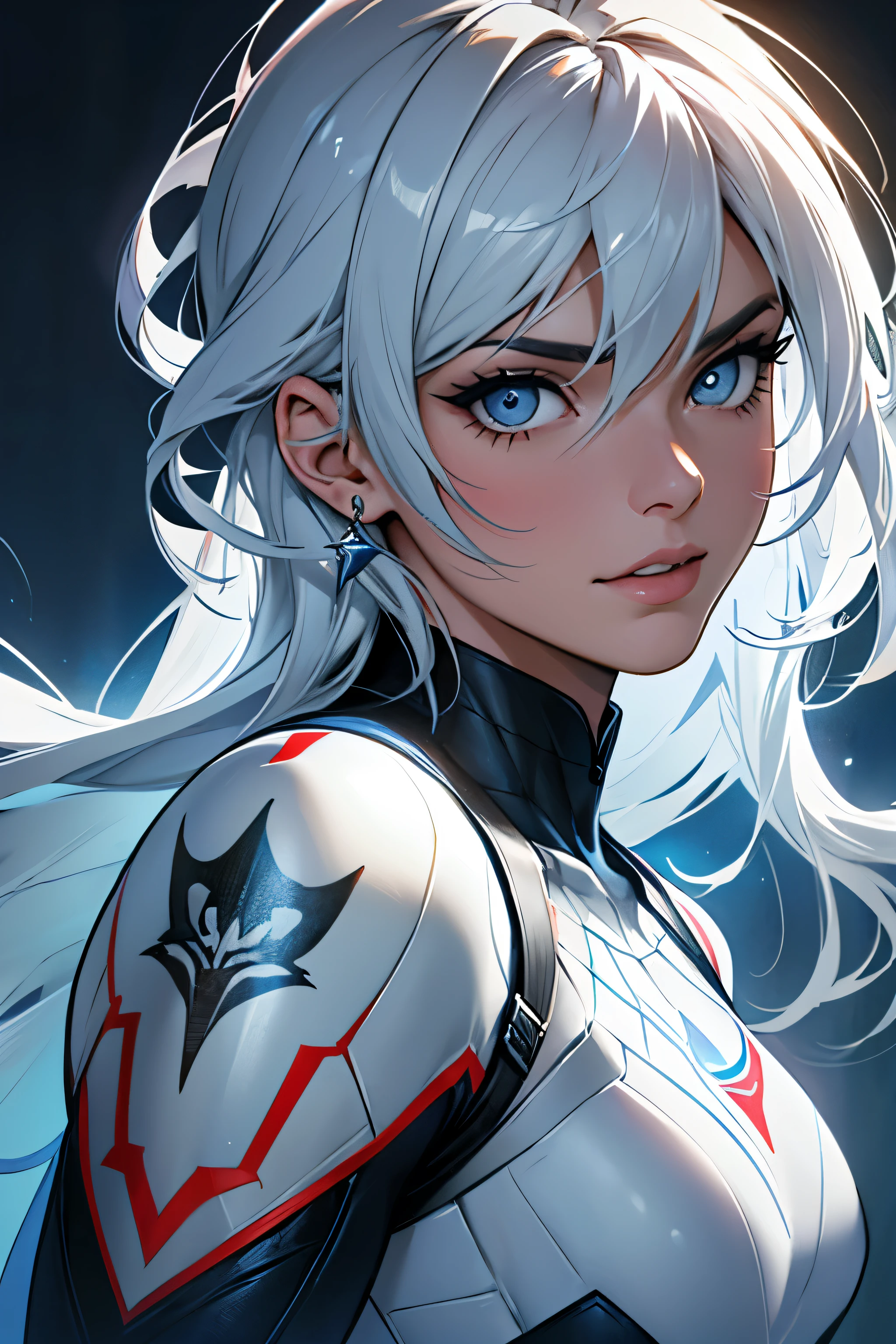Cabelos Prateados e Olhos Azuis: Teia de Prata possui cabelos prateados que brilham como a luz da lua, contrastando com seus olhos azuis penetrantes. Her heroine costume is predominantly silver.., com detalhes em azul e preto, inspired by Spider-Man aesthetics. His face expresses determination and courage, reflecting his dedication to protecting the innocent and fighting crime.