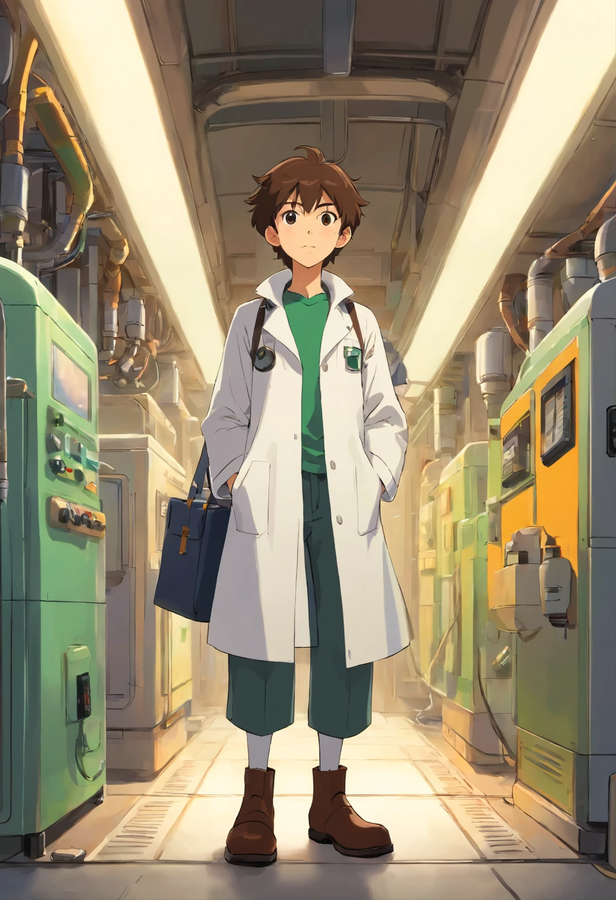 a boy of twenty，He is an energy scientist，whole body（Highest quality）Firm brown eyes、Wearing a white coat，Green top inside，He is carrying a brown travel bag，hair black，Wearing an inspection hat、wearing boots，Not very eye-catching and a bit socially intimidating，I don’t know the future and I’m confused，But if you know what to do, just move forward.，Background in electrothermal power generation system