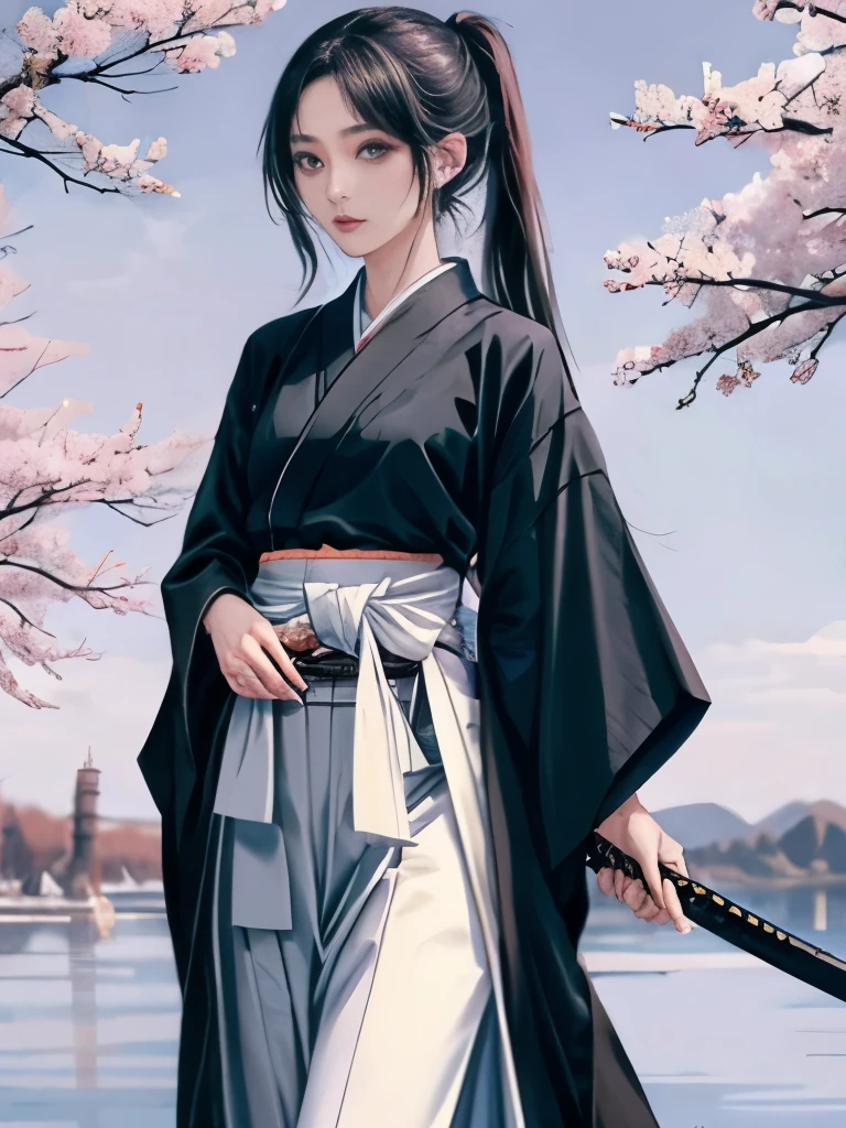 highest quality、A woman with long black hair tied up、Japan Female Swordsman、slim body shape、purple hakama、sword on waist、riverside