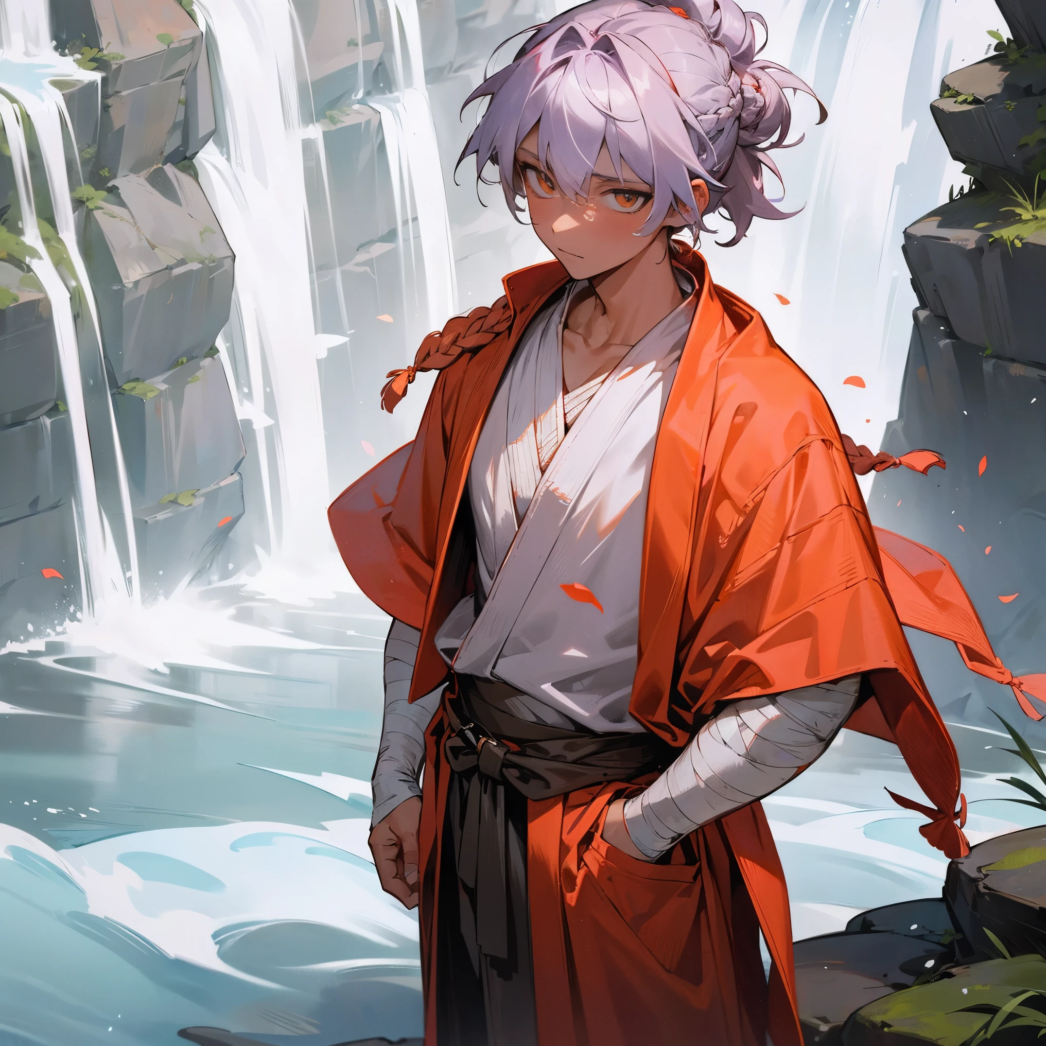 1male, young , tan skin, finely detailed coral eyes, medium messy hair with braided man bun, pale lavender hair color, jedi robe, poncho, bandages wrapped around arms, bandolier across chest, standing with hands in pocket, standing on mountain trail, waterfall 