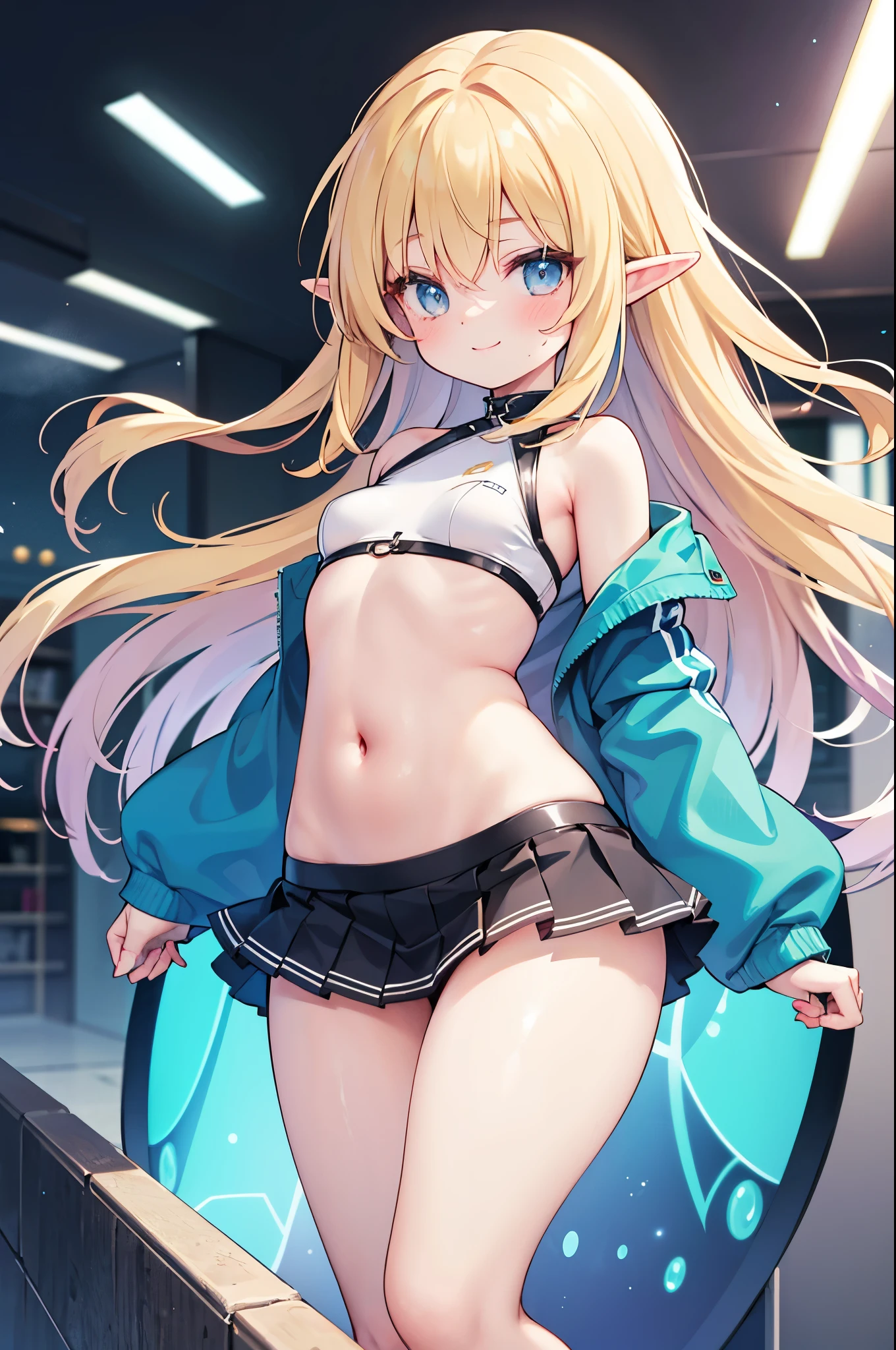 realistic image, coherent image, detailed image, 1 little elf. She has long wavy hair, blonde hair, bangs that cover her eyes. Her eyes are purple, long eyelashes. Her face is oval and delicate, smiling. She is wearing a long-sleeved top, showing her navel, and a pleated mini skirt. She has a curvy body, small breasts, thick thighs, sneakers. sexy pose. Neon lights background, natural lighting, volumetric lighting,