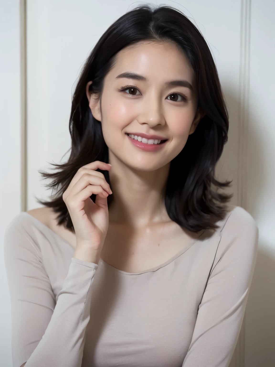 masterpiece、highest quality、high detail、1 female、(Photoreal:1.4)、solo、Natural Human Skin、Taken in front of the white door、turn to the side、don't look at the camera、round face、long sleeve shirt、short hair、close your mouth、Smile、smile happily、beautiful black hair、length、Big eyes、Clear double eyelids、eyelash、long neck、((Upper body, ))、(cap、Draw all the shoulders)、attractive proportions、glowing skin、beautiful clavicle、golden ratio face、Tears mole、lip gloss、thin lips、white skin