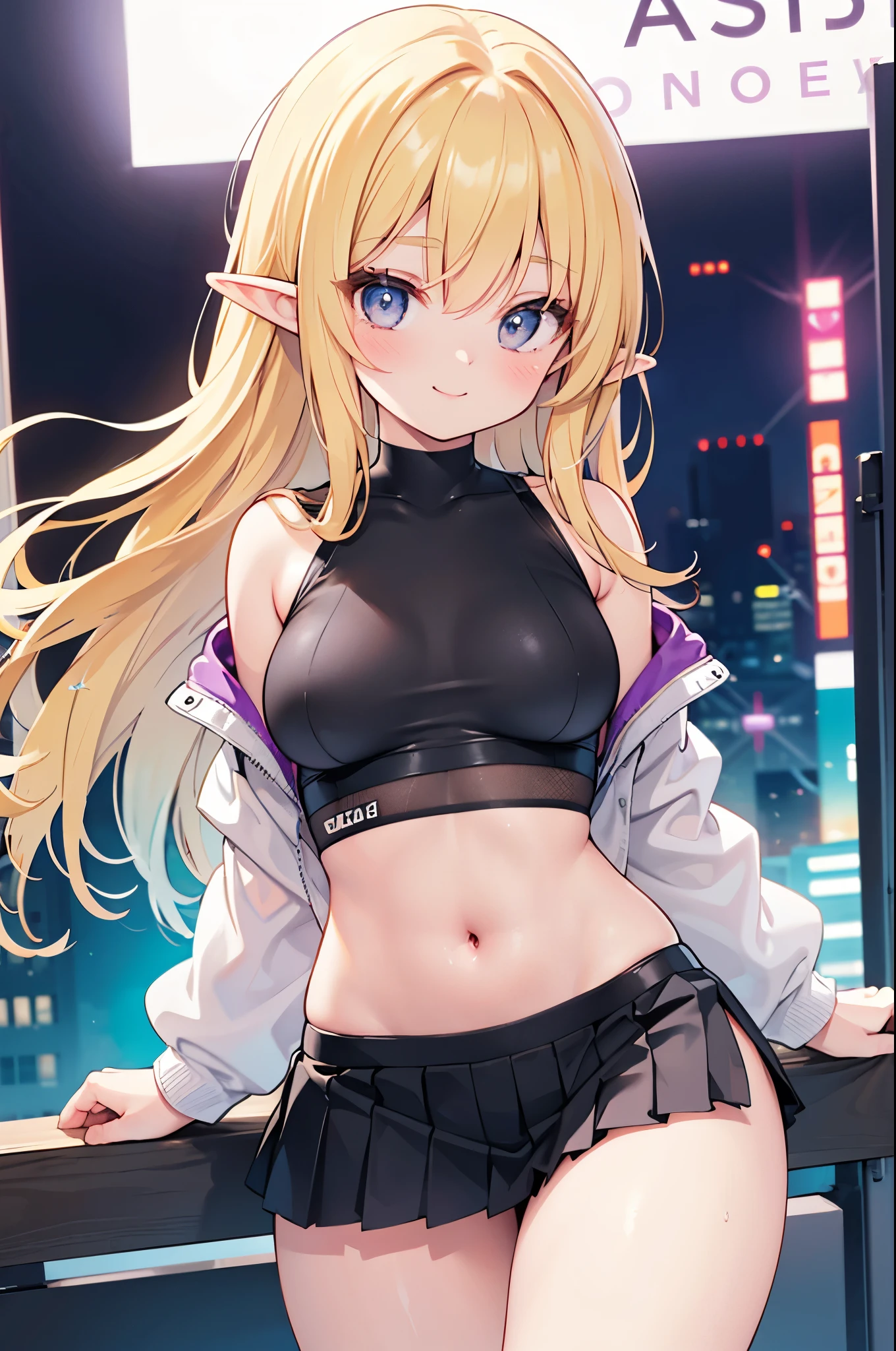 realistic image, coherent image, detailed image, 1 beautiful elf. She has long wavy hair, blonde hair, bangs that cover her eyes. Her eyes are purple, long eyelashes. Her face is oval and delicate, smiling. She is wearing a long-sleeved top, showing her navel, and a pleated mini skirt. She has a curvy body, medium breasts, thick thighs, sneakers. sexy pose. Neon lights background, natural lighting, volumetric lighting,