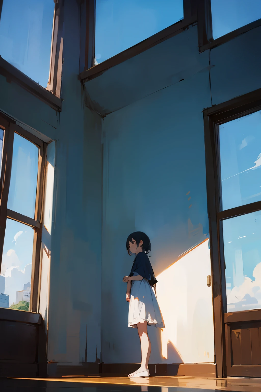 blue sky、window、indoor、One Girl Standing