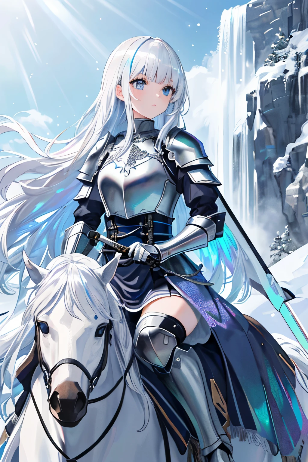 （In 8K, best quality, muste piece:1.2)、ultra high resolution、official art, one very beautiful woman、ultra-detailed face, detailed eyes,determined,Silver hair,long hair,blunt bangs,blue eyes,silver knight armor, medieval sword, Riding a White Horse,(iridescent light:1.4),captivate your audience,Ice Waterfall