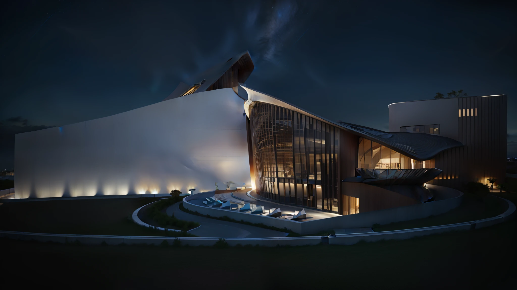 a close-up of a building with a curved roof and curved wall, detail rendering, planos de vidros, madeira ripada, Night sky, pessoas, carros, cristal, desenho conceitual, conceptual rendering, 3 / 4 view, 3/4 view, parametric structure, Telhado arredondado, architectural concept, 3/4 view from below, checkmate rendering, conceptual, parametric architecture, architectural rendering, Artist printing, concept render, renderizado