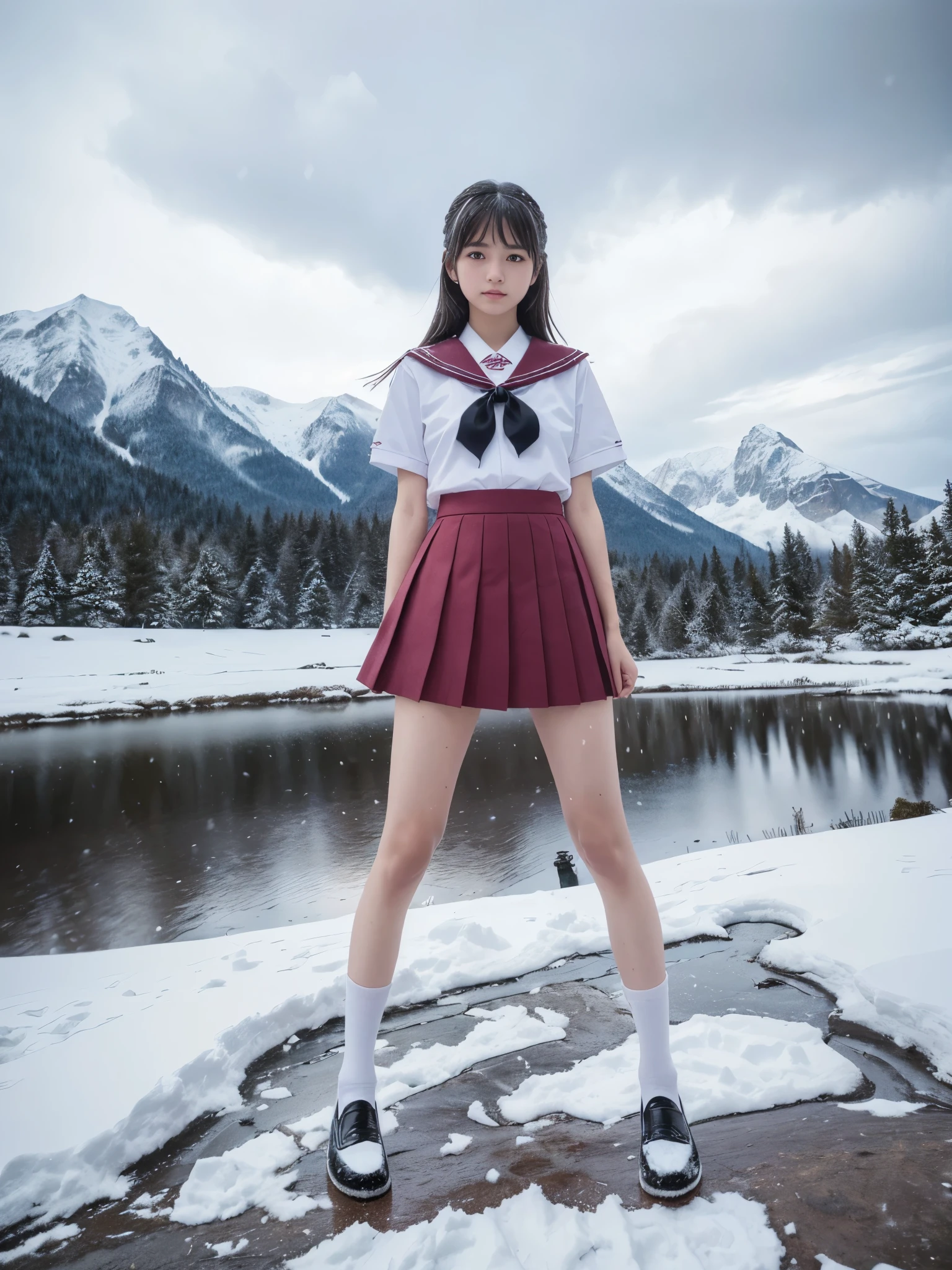 1girl, flat chest, shiny skin, solo, long hair, white hair, blue eyes, serafuku, sailor uniform, sailor collar, ribbon on collar, pleated skirt, miniskirt, black thighhighs, zettai ryouiki, hiking boots, mountaineering boots, gloves, backpack, climbing gear, carabiner, rope, ice axe, climbing pick, holding ice axe, scaling rock face, steep mountain, rocky terrain, blowing snow, blizzard, stormy sky, dark sky, moon, crescent moon, stars, night, full body, climbing, effort, struggling, determined expression, gritted teeth, sweat, wind blowing hair, billowing clothes, freezing temperature, cold, harsh environment, dangerous situation, extreme conditions, survival, Mt. Everest, Himalayan mountains, mountaineering, adventure, challenge, perseverance, masterpiece, best quality, official art, extremely detailed CG unity 8k wallpaper, artbook, real life, instagram, cinematic lighting, high quality shadow, 8k, real picture, intricate details, ultra-detailed, ultra highres, depth field, photorealistic, realistic, ulzzang:0.8, <lora:epi_noiseoffset2:0.3>, <lora:picxer_real:0.35>,