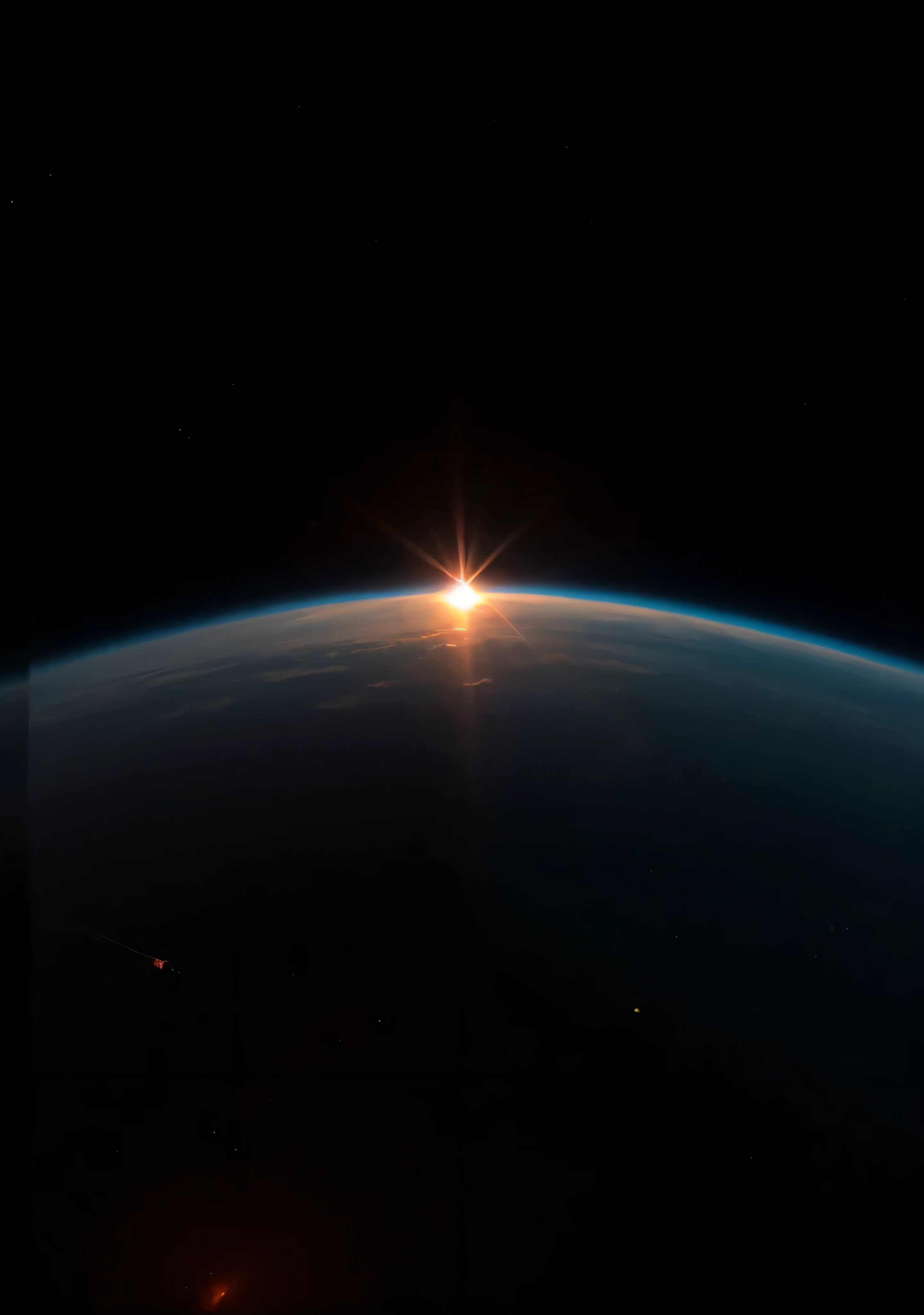 the sun sets below the earth'horizon, shot from space, dawn atmosphere, space atmosphere, lynchian atmosphere, As seen from space, get closer to the earth, morning atmosphere, radiant atmosphere, Shooting from orbit, positive atmosphere, light atmosphere, Image from space camera, Photos from space, atmosphere, Earth in the distance, sunset atmosphere, beautiful atmosphere