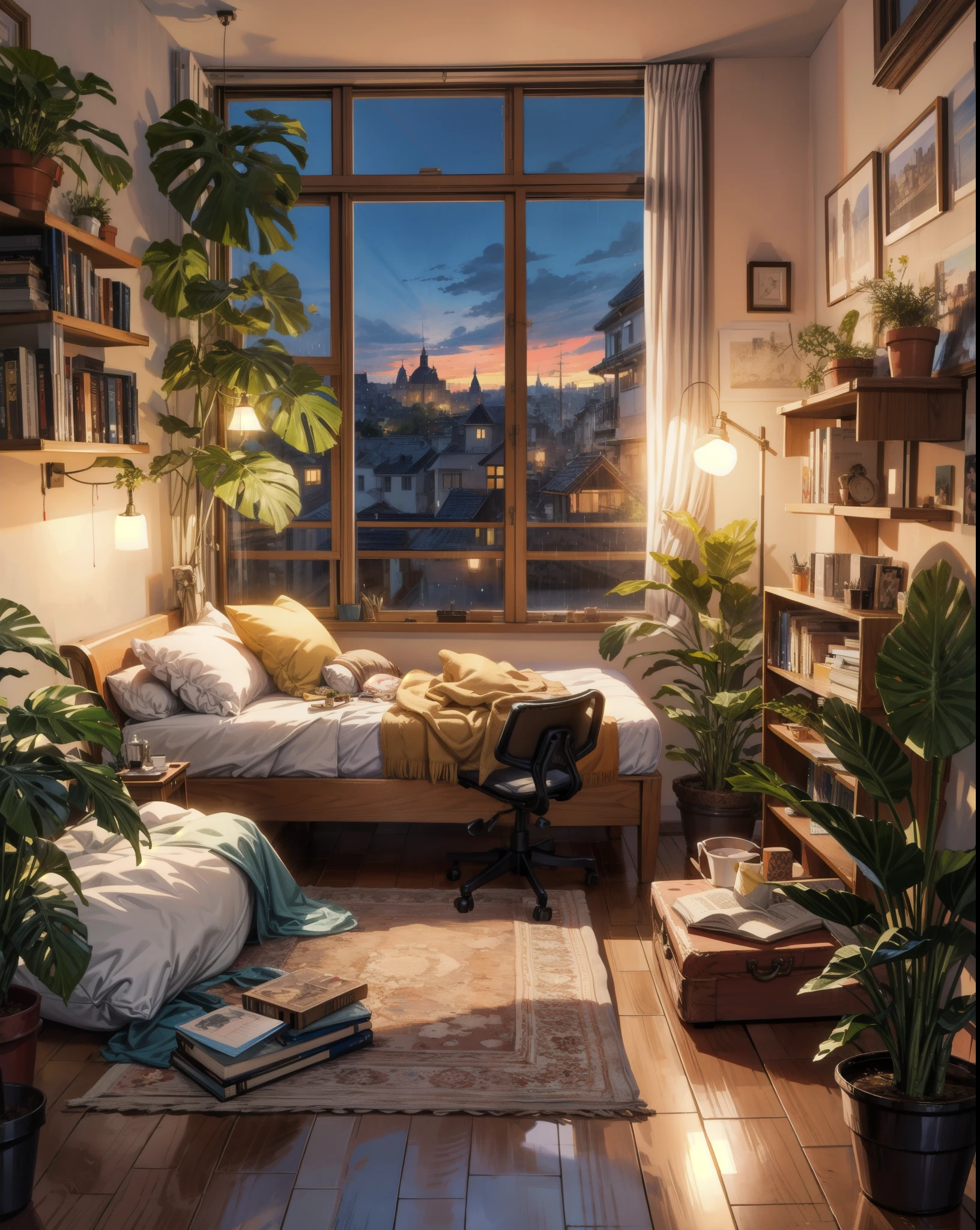 painting of a French bedroom interior view, beautiful calm lofi vibe,monstera plant, rug,desk,chair, golden hour, hanging lights ,chair,table 4k hd, cloud, Bougainville,beautiful art uhd 4 k, a beautiful artwork illustration, beautiful digital painting, highly detailed digital painting, beautiful digital artwork, detailed painting 4 k, very detailed digital painting, rich picturesque colors, gorgeous digital painting, intense raining outside the window