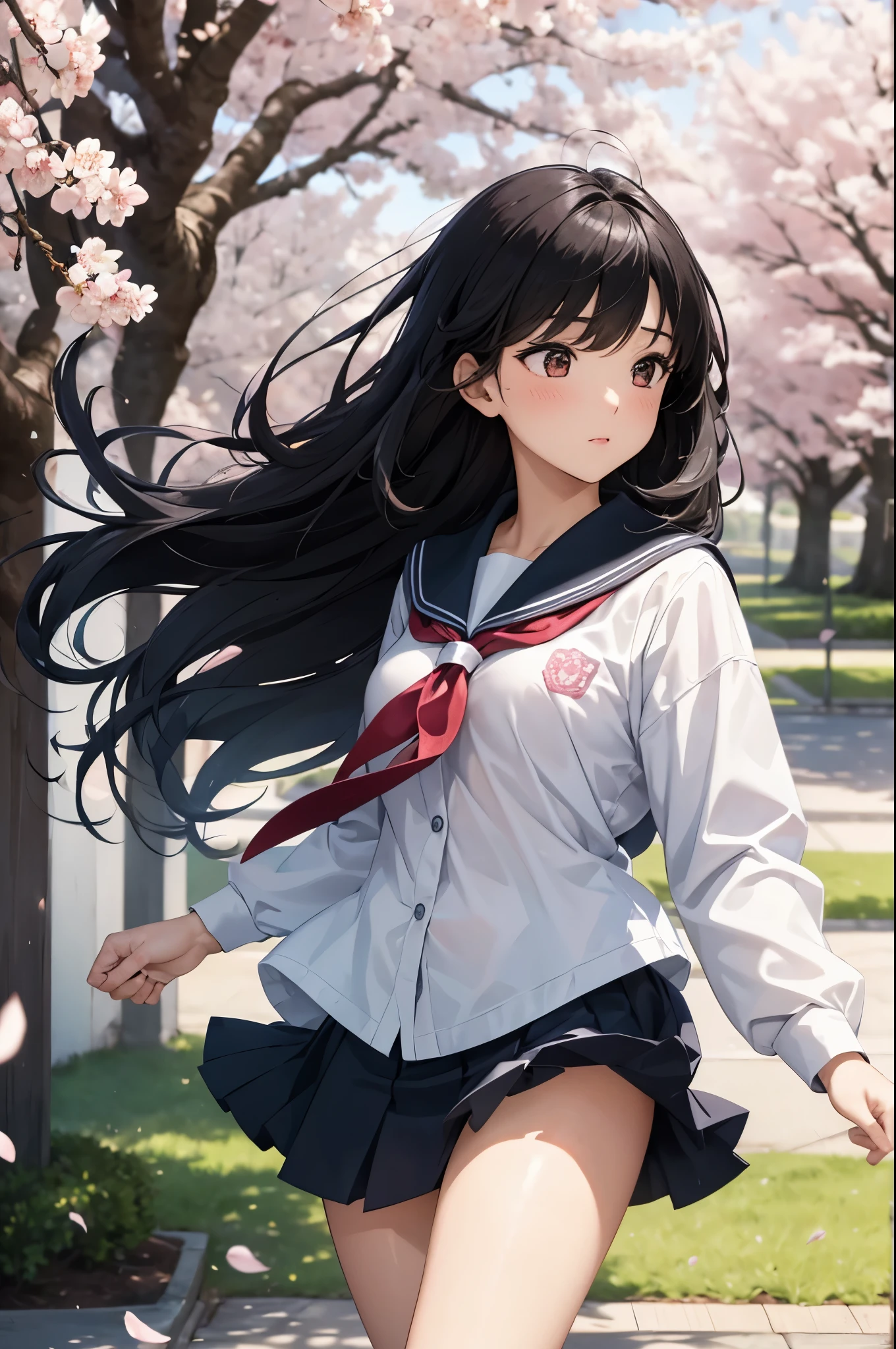 masterpiece, best quality, extremely detailed, 8k, a pretty girl, high school student, gracefully spreading cherry blossom trees, petals fluttering:1.2, creating a fleeting petalsstorm in the air:1.2, hair flowing in the wind, running hands through hair, black hair, ultra detailed face, school uniform