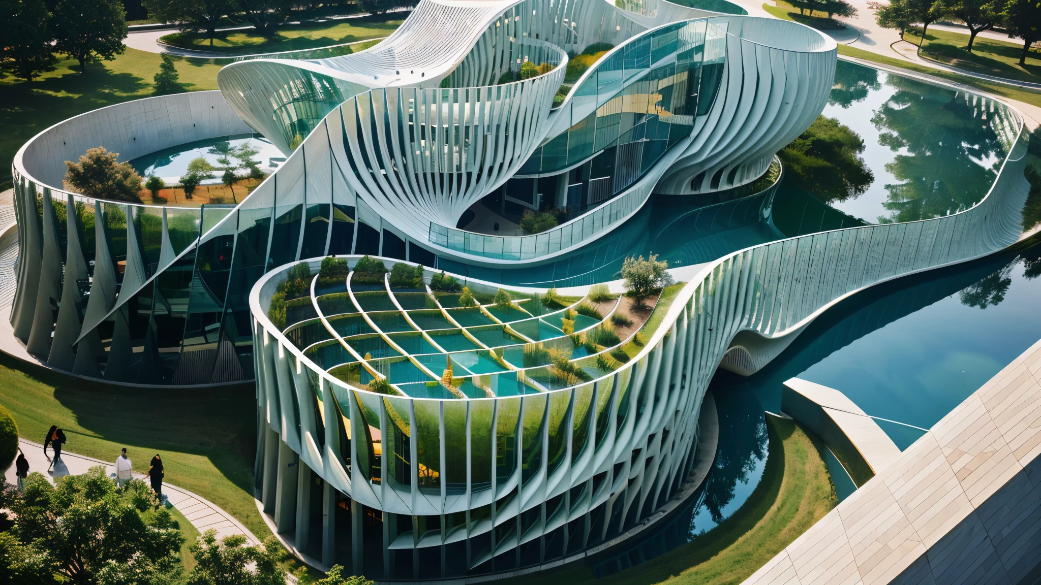 there are two modern buildings of different colors, water mirror, paisagismo, arvores, parametric structure, parametric design, parametric, parametric architecture, parametric solid works, Curvilinear perspective, conceptual, detail rendering, curvando, soft curvy design, estrutura de malha, Design de curvatura suave, contornos internos, curvilinear architecture