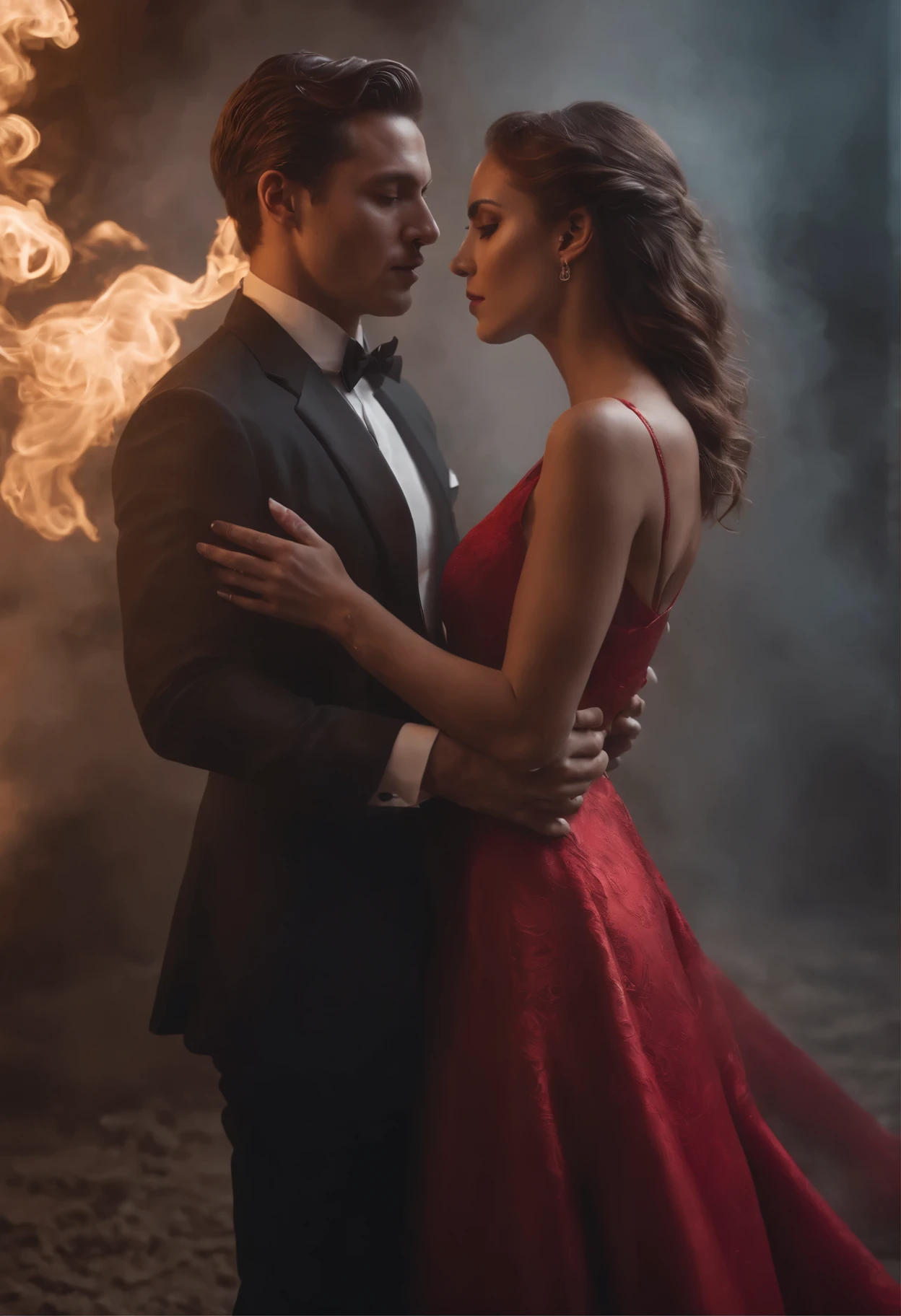ethereal photo of an elegant couple, Brazilian nationality, tanned skin, emerging from swirls of smoke and red and black vapors, Peter Lindbergh style, masterpiece of complex art, foreboding, golden ratio, Trend in CGSeteration, intricate, epic, trend in ArtStation by artgerm, highly detailed, vibrant, production cinematic character rendering, very high quality model