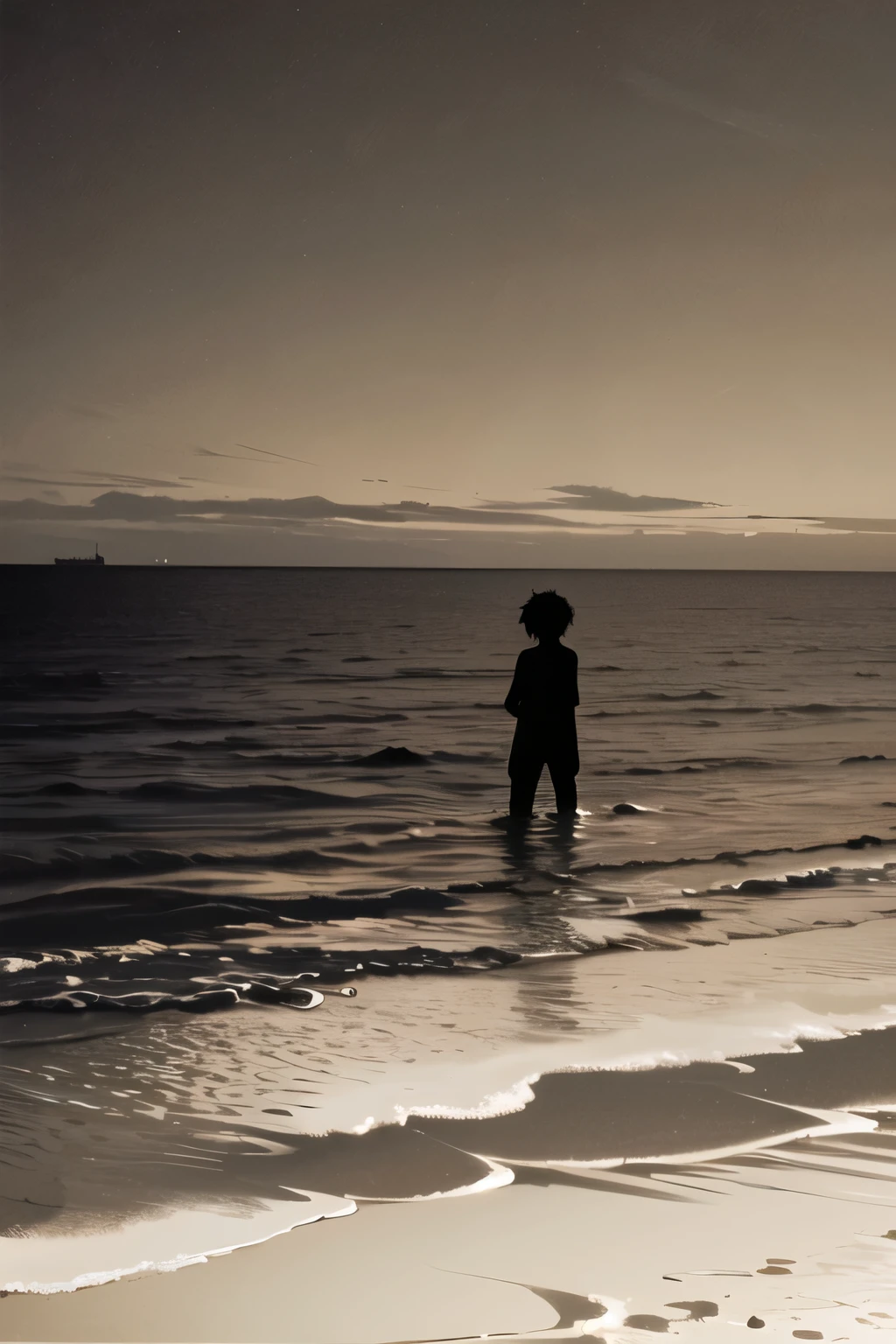 (((silhouette of a boy))), ((black and white)), ocean scenery