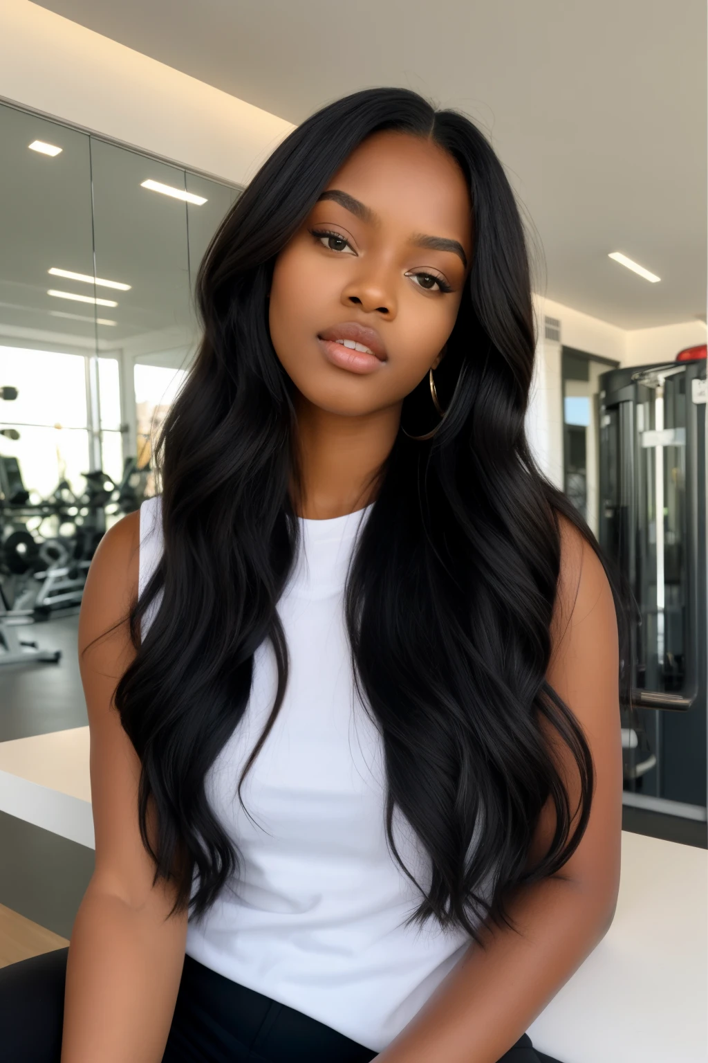 Ebony woman ,black woman ,dark skin tone , long hair,, black hair, full body voluminous hair with extremely detailed realistic casual outfit with emerald eyes, green eyes, bright honey eyes (red Iris) and fleshy lips, wearing shades, in a sportswear, white canvas, sports canvas, at the gym, black woman, non-sluggish, realistic extremely detailed sitting with perfect face details, fashionable clothing, modern clothing, full body, voluptuous breast, sexy, romantic, detailed, realistic