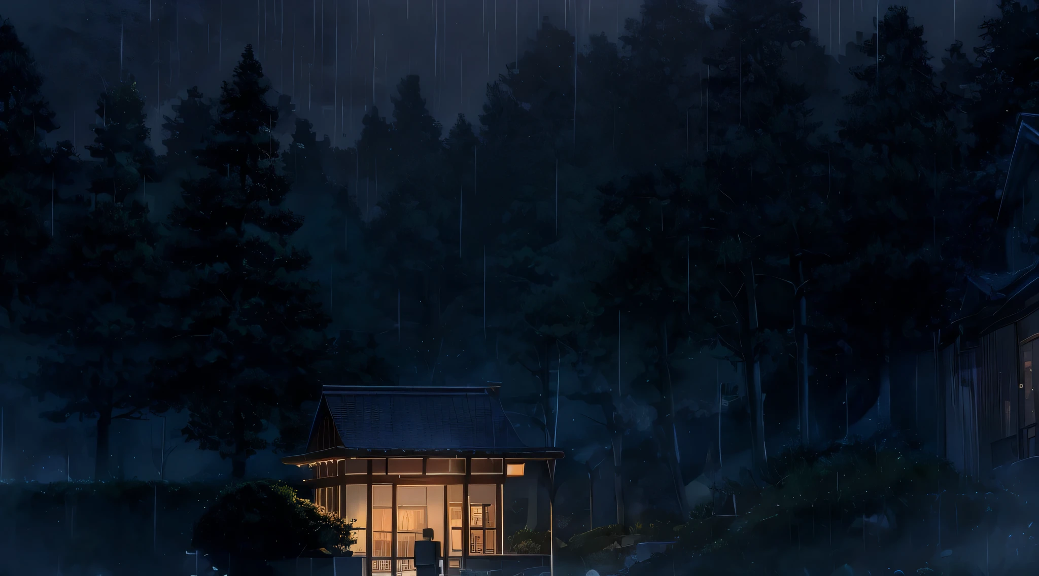 A magical scene of a small cafe on a rainy afternoon, capturado por Makoto Shinkai. Soft color palette enhancing the environment, a lo-fi musician adding a unique sonic layer. Ambiente de serenidade e camaradagem. melhor qualidade, 8k resolution, ultra high resolution, estilo de desenho animado.