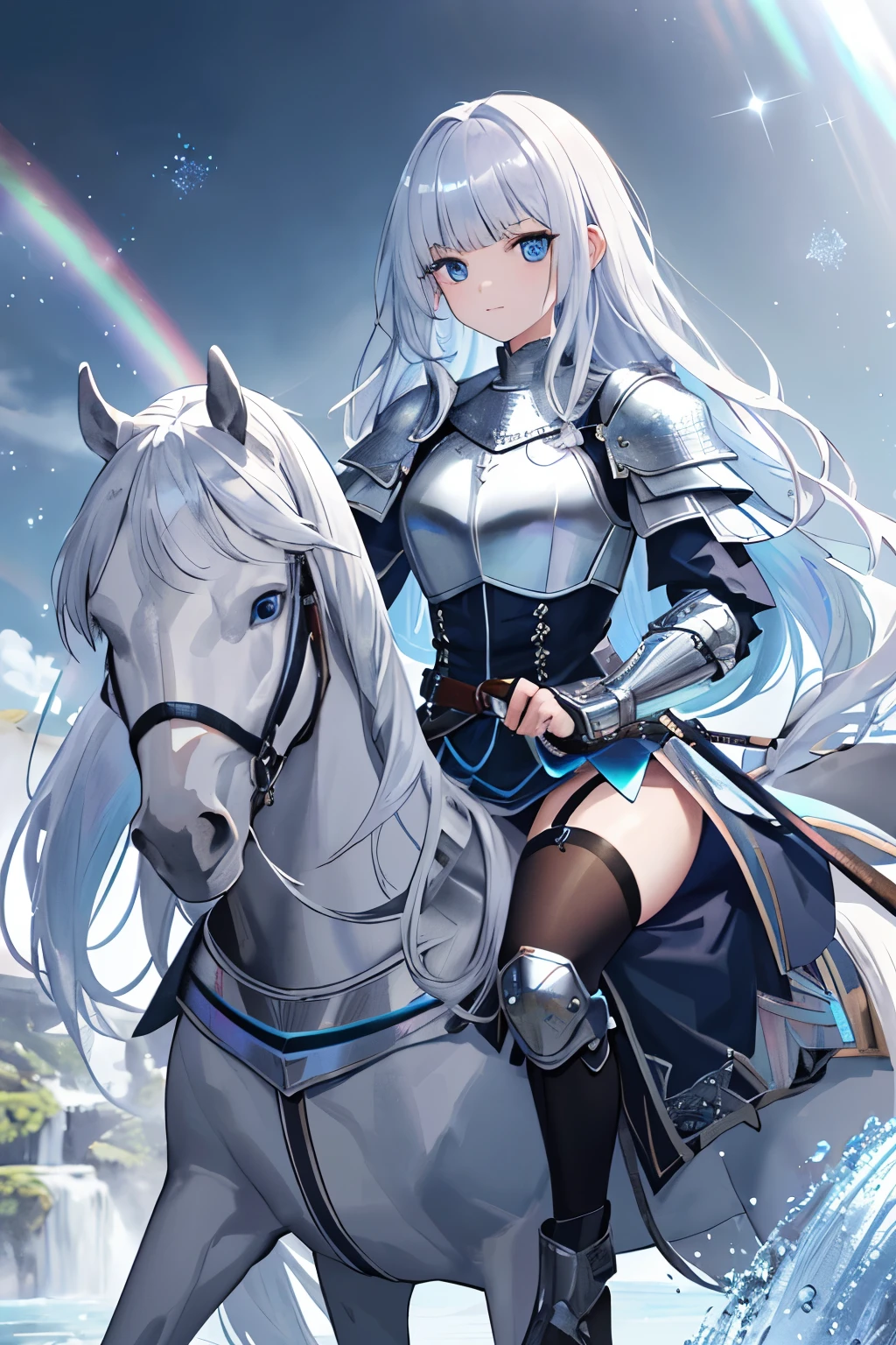 (In 8K, best quality, muste piece:1.2)、ultra high resolution、official art, one very beautiful woman、ultra-detailed face, detailed eyes,serious,Silver hair,long hair,blunt bangs,blue eyes,silver knight armor, medieval sword, Riding a White Horse,(iridescent light:1.4),captivate your audience,Rainbow Waterfalls