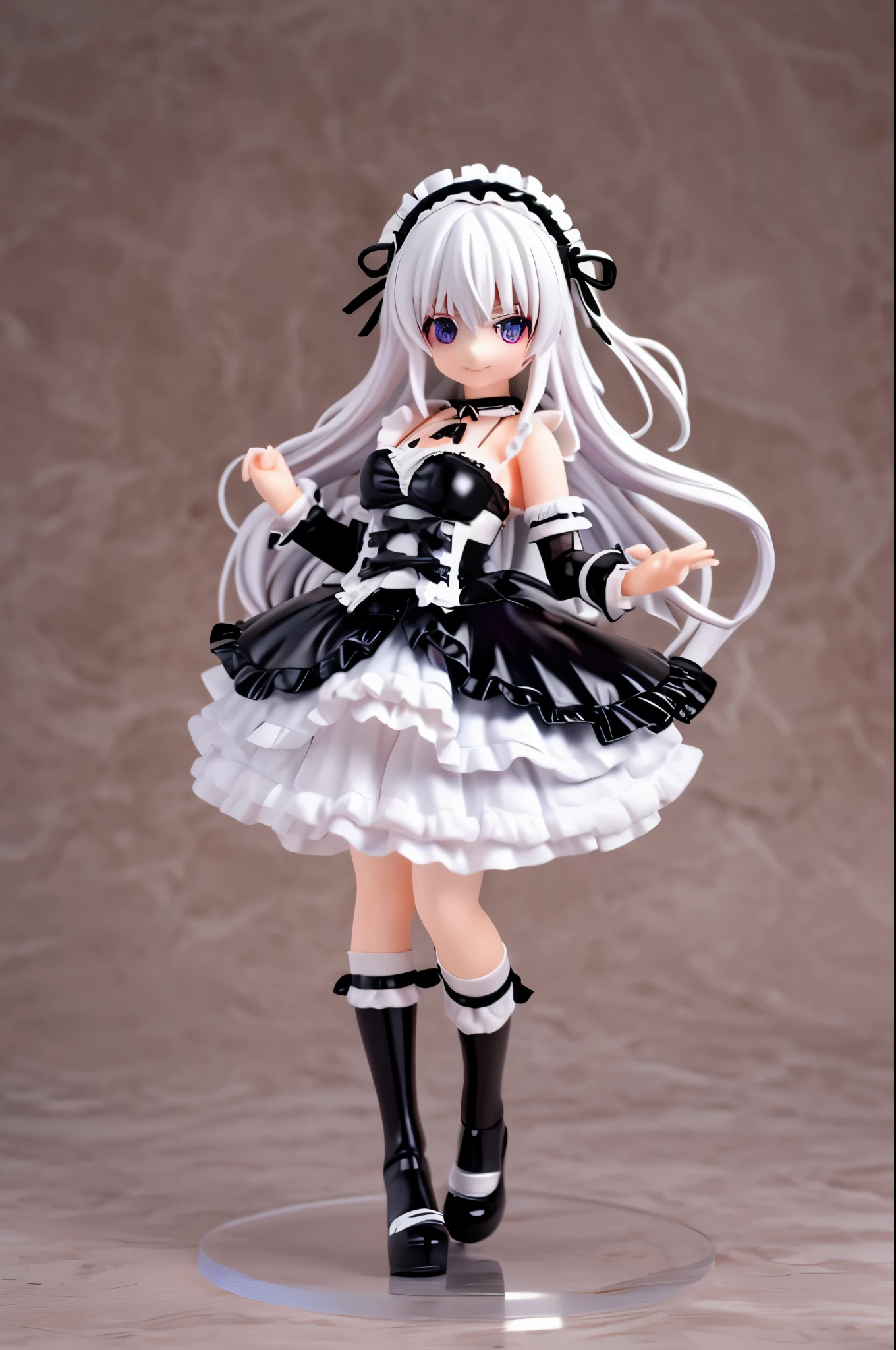 Promotional photo of a Action figure of a Gothic Lolita girl, Anime, designed by Akira Toriyama, angel wings, black, white, mystical smile, Gothic Lolita dress (black dress with white lace and ribbons, multi-layered frilly skirt), white lace bonnet, white collar and cuffs, white curly long hair, indigo eyes, subtly spreading wings, Gothic church, full body, dynamic pose
