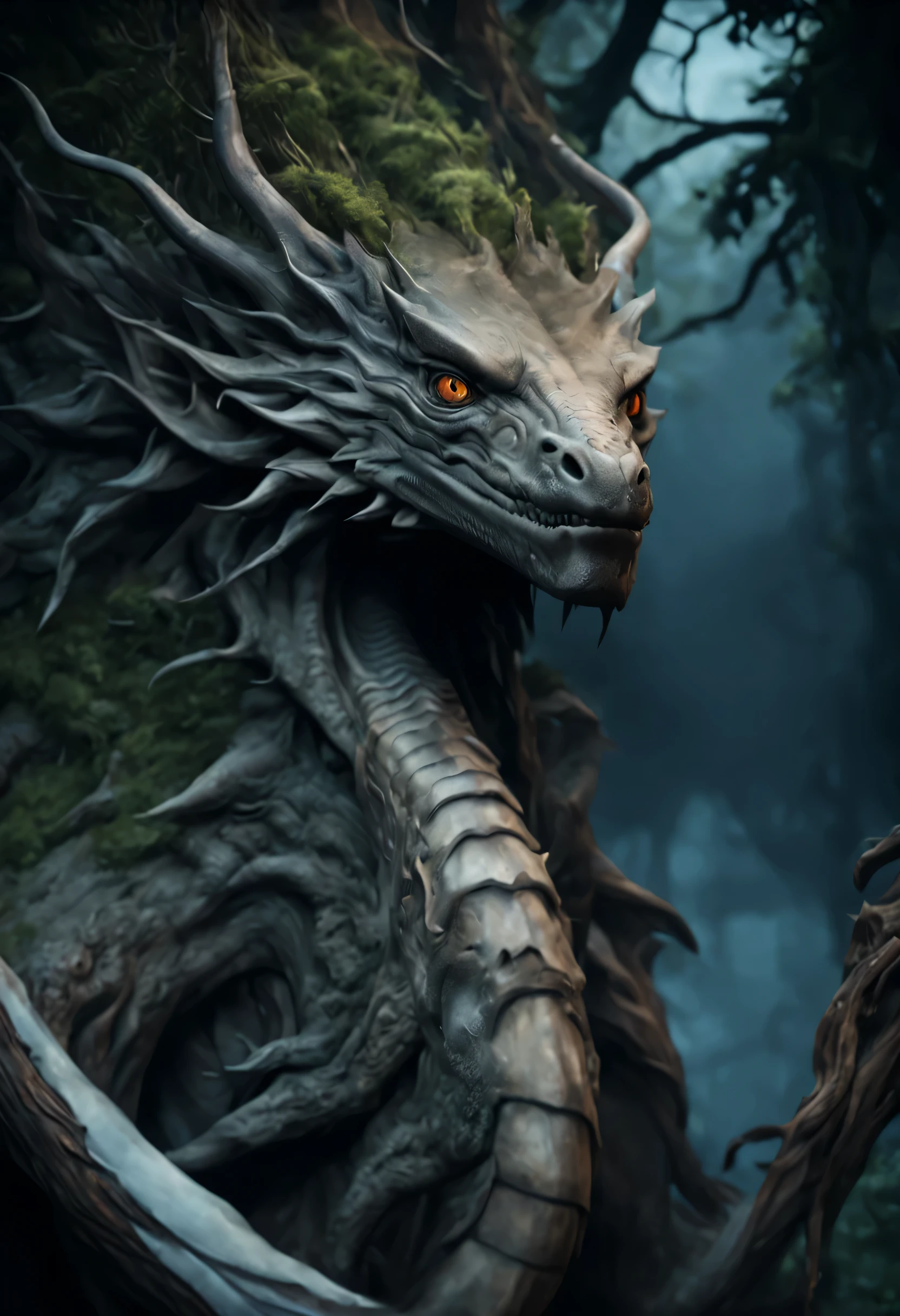 A huge dragon stood by the water in the dark forest.., The body is a tree root.., disgusting mutant flesh creature, scary, disgusting, Highly detailed, There are complicated details.., Portrait of a dragon, Very high detail, Realistic photos, 8k, UHD, very detailed, (dynamic poses:1.4),