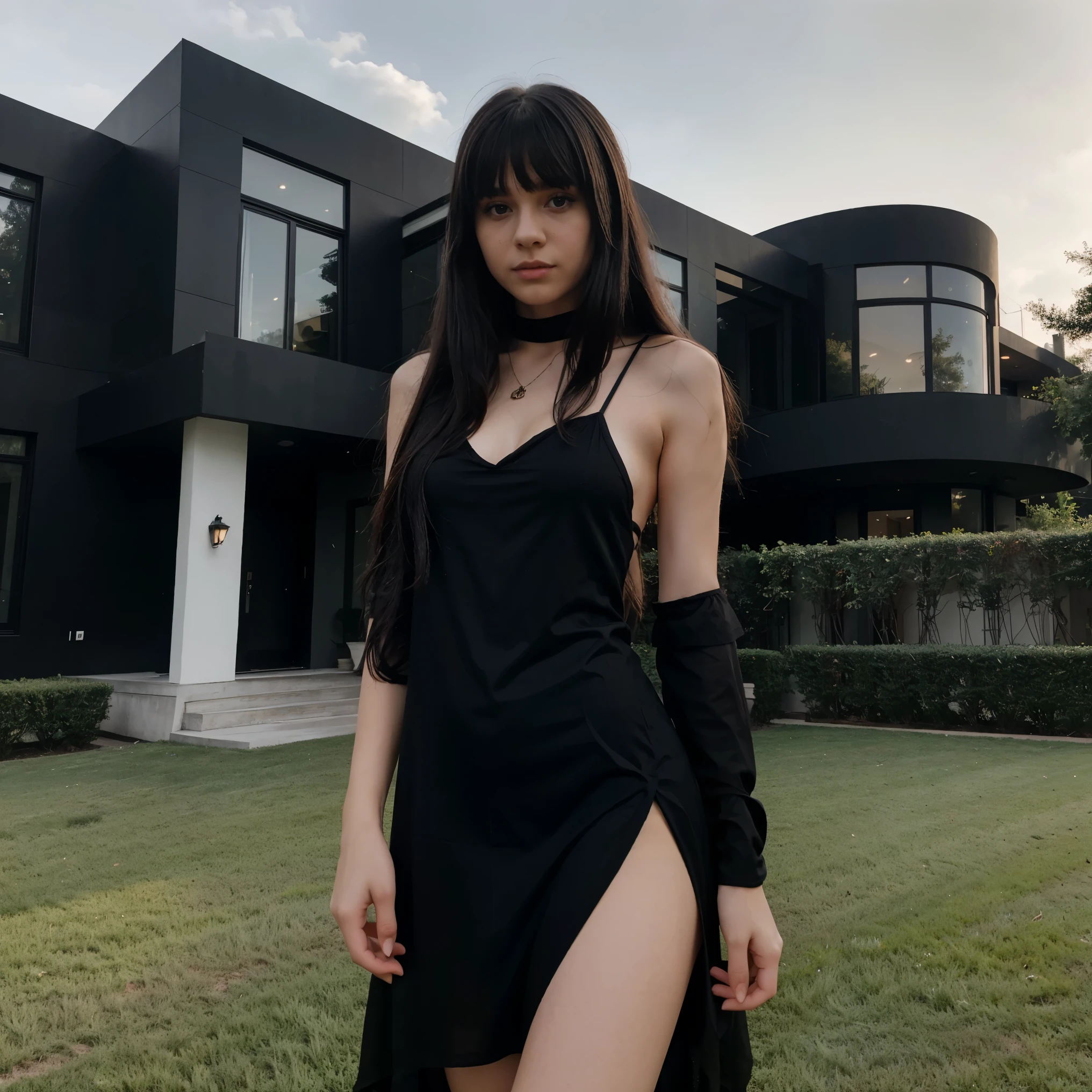 teen asian girl with black curly long hair with bangs wearing a black tight dress, in a pool in a modern mansion with a Hollywood Hills view in the background in a cloudy night 