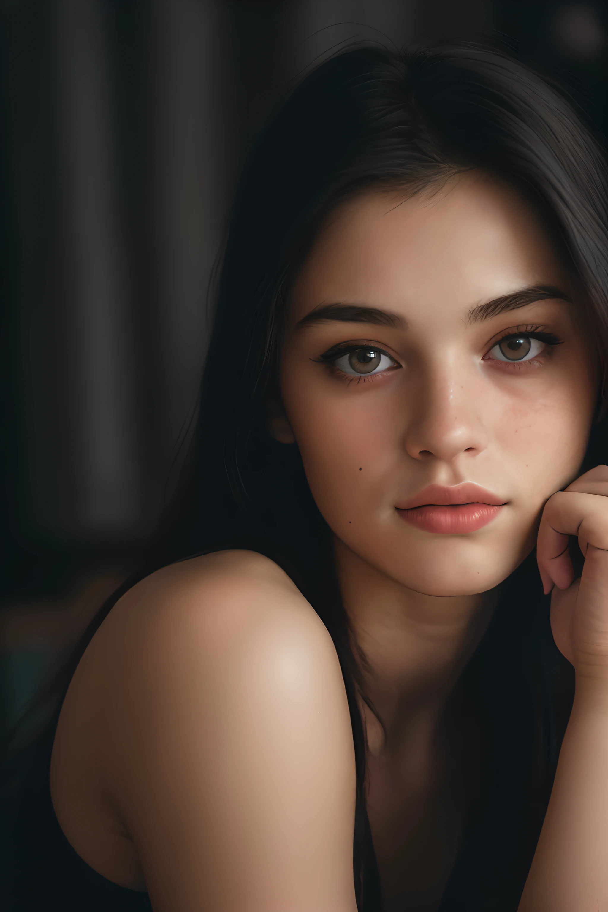 (um close de um, fotografia editorial de uma mulher de 21 anos), (rosto altamente detalhado:1.4) (sorriso:0.7) (fundo dentro escuro, Temperamental, estudo privado:1.3) ass pov, por Lee Jeffries, Nikon D850, fotografia de estoque de filme ,4Kodak Portra 400 ,F1 Camera.6 lentes ,cores saturadas ,hiper-realista ,textura realista, dramatic lighting , cinema 800,