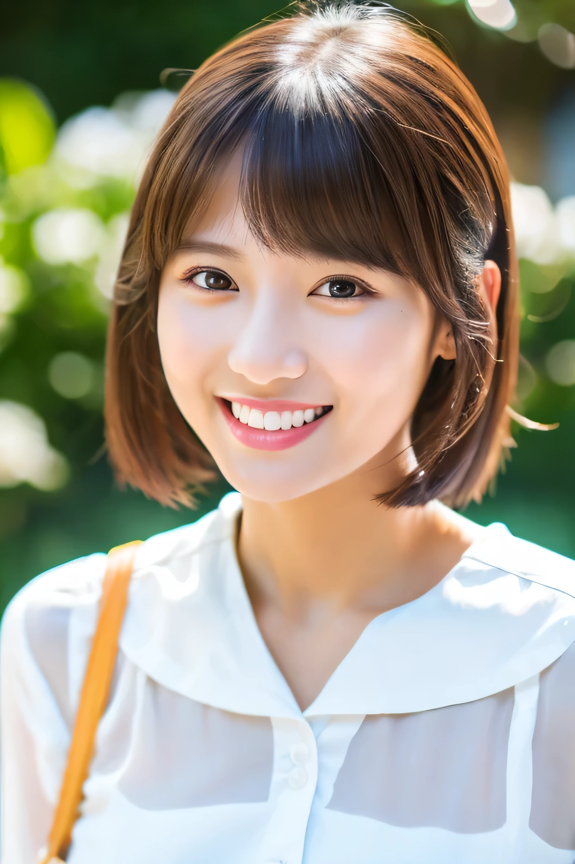 masterpiece , highest quality , super detailed , 8k , cute woman , 1 girl , blouse , bangs , smile , white teeth , symmetrical eyes