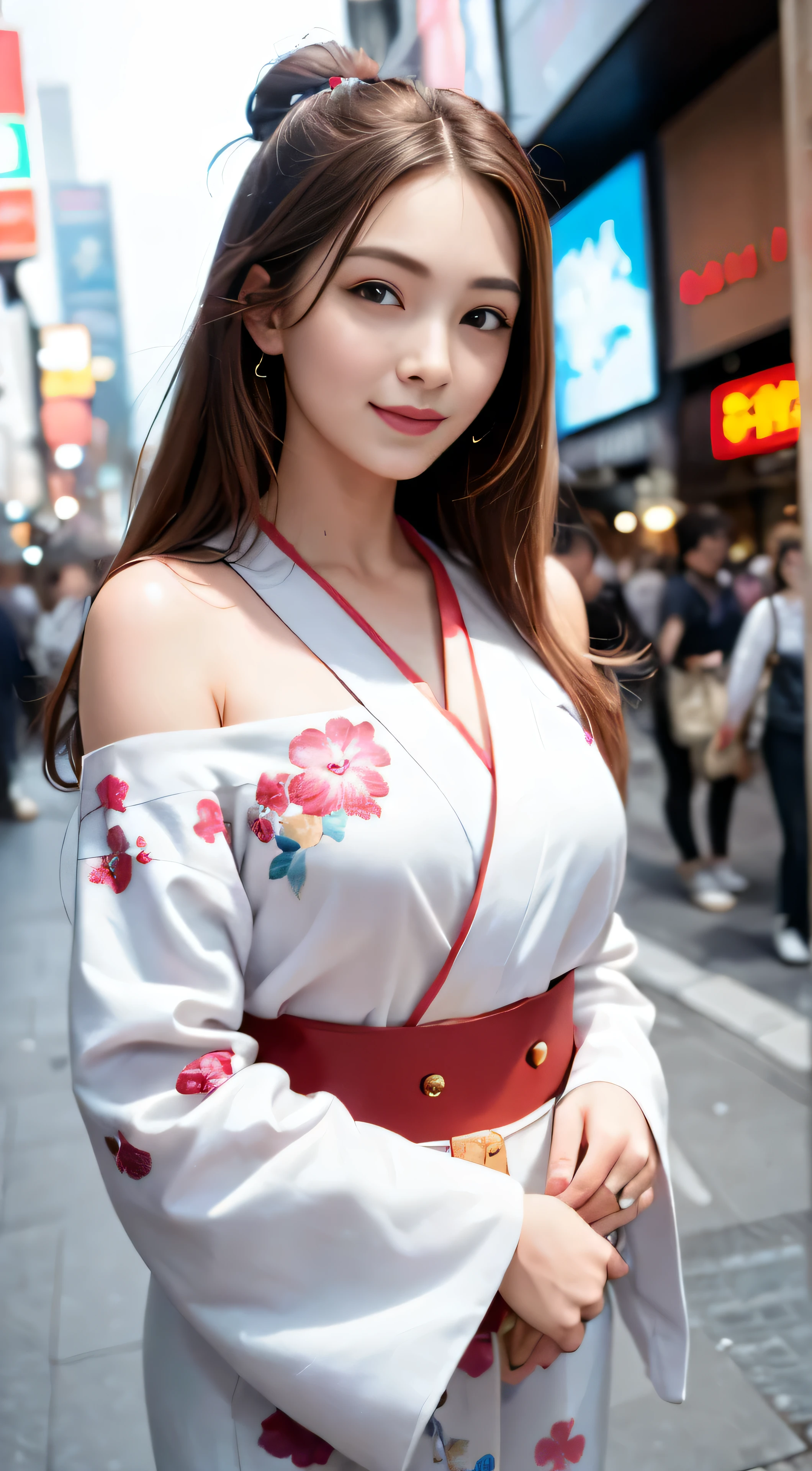 (masterpiece: 1.5), highest image quality, ultra high-definition CGUnity 8k Wallpapers, solo,
a beautiful woman wearing a white kimono with an intricately designed floral pattern, red belt,
outdoors, The background is the lively and vibrant area of Dotonbori, with its colorful neon lights and bustling crowds.
Her facial details reveal a gentle smile, with wrinkles delicately visible around her eyes, and an elegantly shaped nose.
Chestnut hair falls gently over one shoulder, capturing every strand in the highest resolution image.
The camera is fixed on the subject as she smiles serenely,