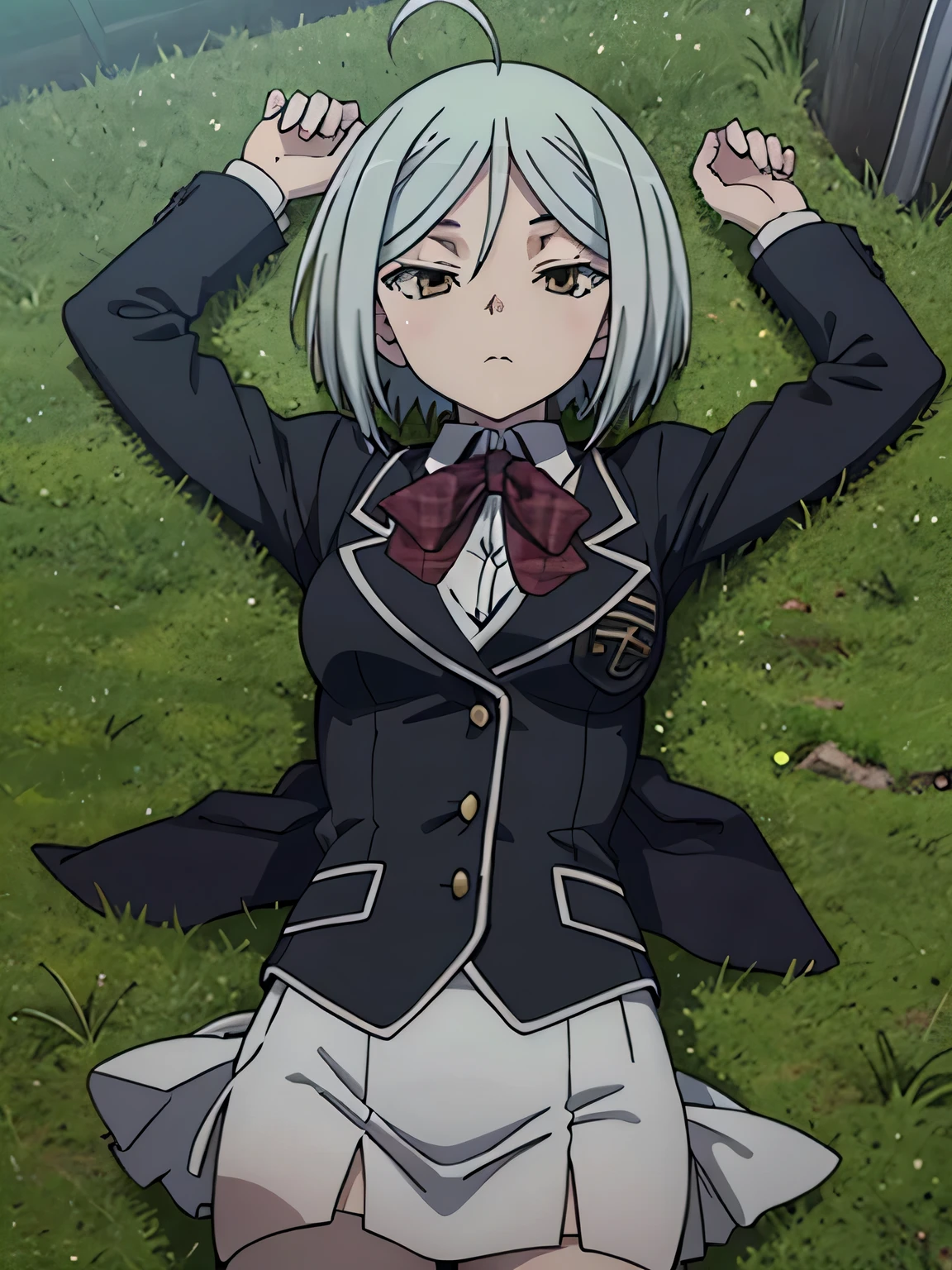 (((pixel-perfect, detail-perfect))), solo, 1girl, arin kannazuki, school uniform, blazer, solo, cowboy shot, lying, on back, on grass, spread arms, expressionless, arms up, closed mouth, looking at viewer, 