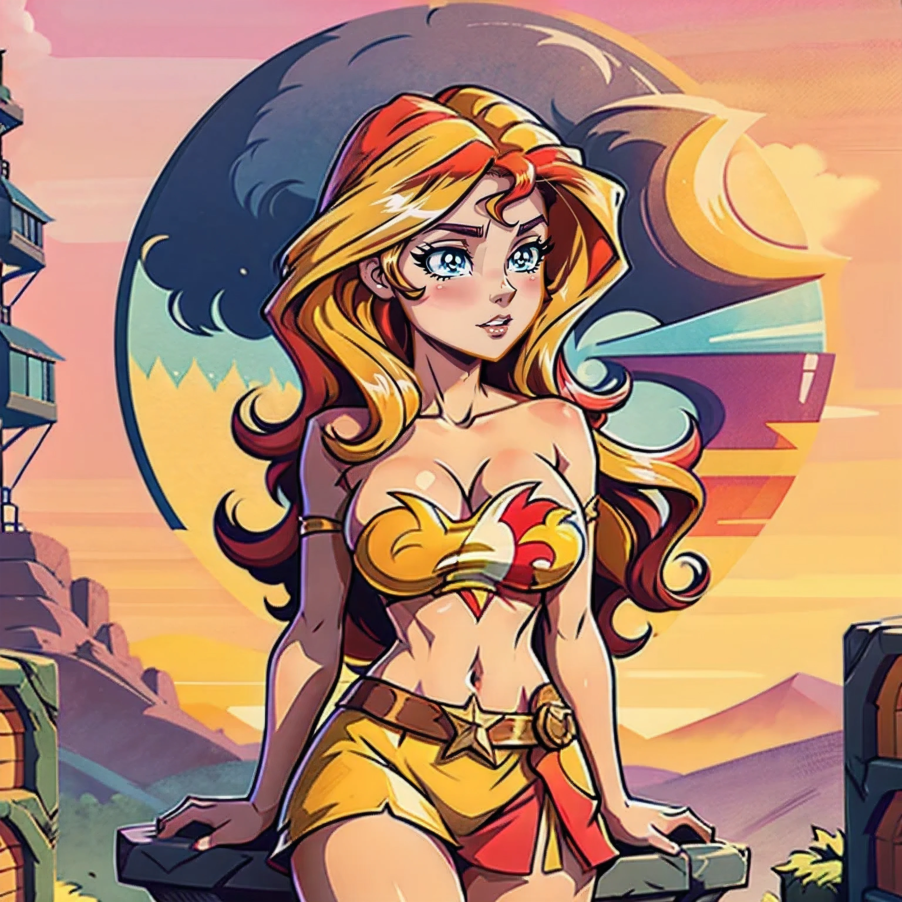 Sunset Shimmer bare big breasts, full body portrait with high heeled boots, cowboy shot, full-length, Sunset Shimmer aged 25, topless, bare breasts, big breasts, shoes visible, detailed anime eyes, adesivo, fundo simples, full portrait, long hair, beautiful sunset shimmer girl, pony aesthetic, beautiful girl, very beautiful fantasy art, beautiful and elegant female pony girl, beautiful detailed fantasy, red and yellow colour palate, red and yellow colour-theme, vintage t-shirt design, in the style of hand drawing, 3D vector art, fantasy art, watercolour effect, Adobe Illustrator, hand-drawn, digital painting, low-poly, soft lighting, isometric style, retro aesthetic, focused on the character, 4K resolution,