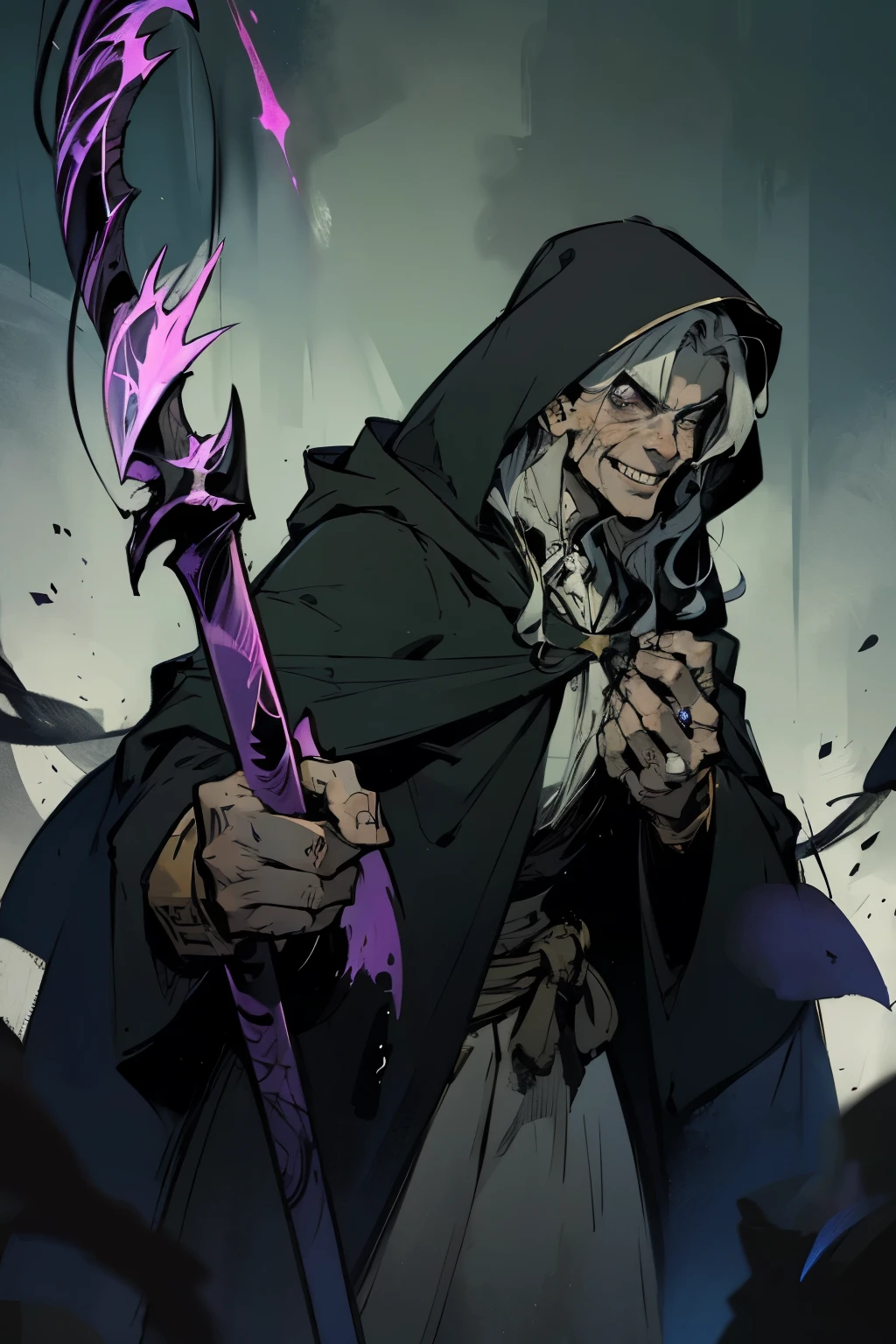 undead mage，wearing a hooded cloak，long gray curly hair,sharp piercing gaze，Evil smile，Face shadows，dim background，Light and shadow effects，stand up，Holding a huge scythe，Controlling purple magical energy in his hands，Surrounded by skulls