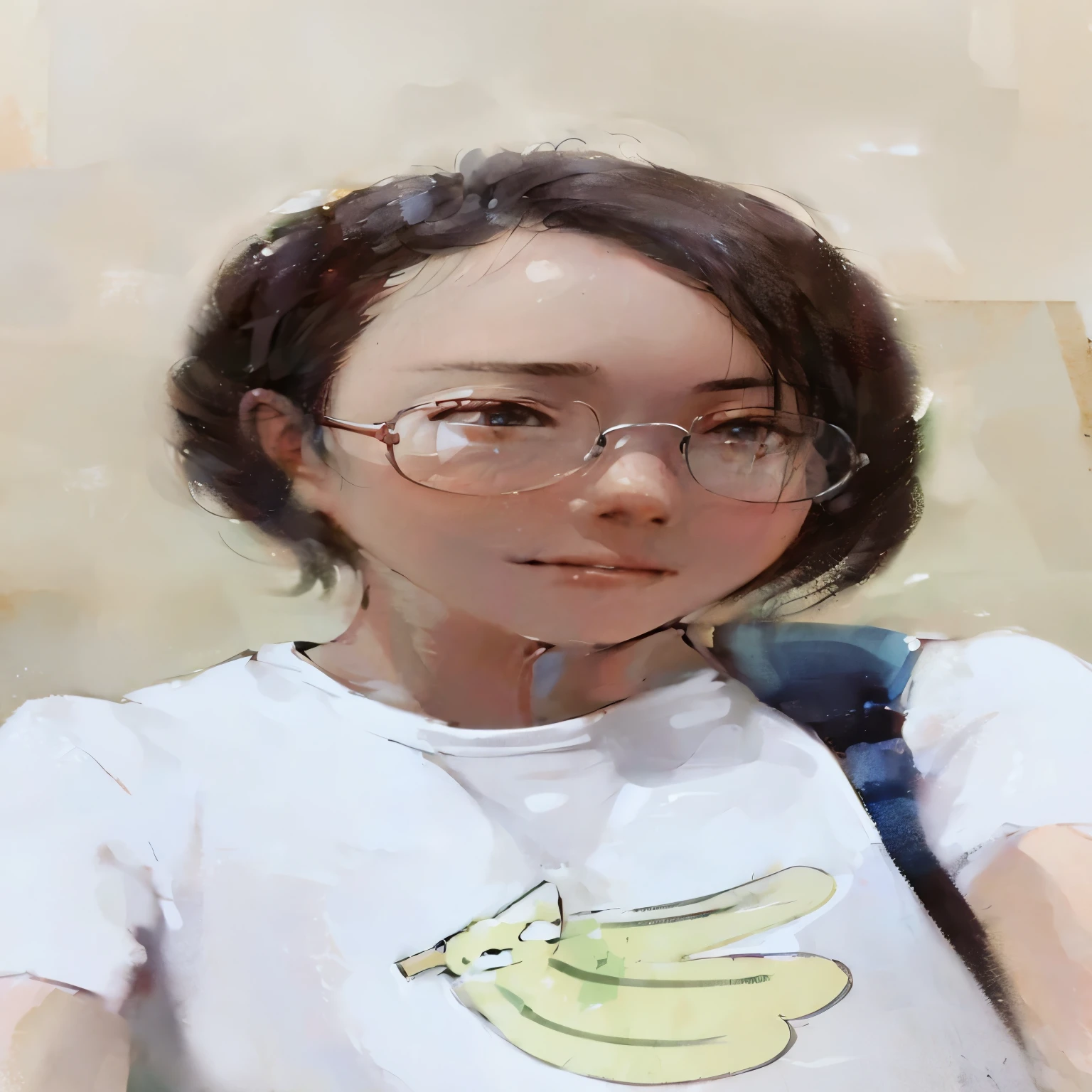 there is a woman wear glasses and a backpack taking a selfie, short hair, wear glasses, Xintong Chen, Wearing thin and large round-rimmed glasses, wenfei ye, 38 years old, Cui Xianhua, 28 years old, 27 years old, 29 years old, 8k selfie photos, jiyun chae, yanjun chengt