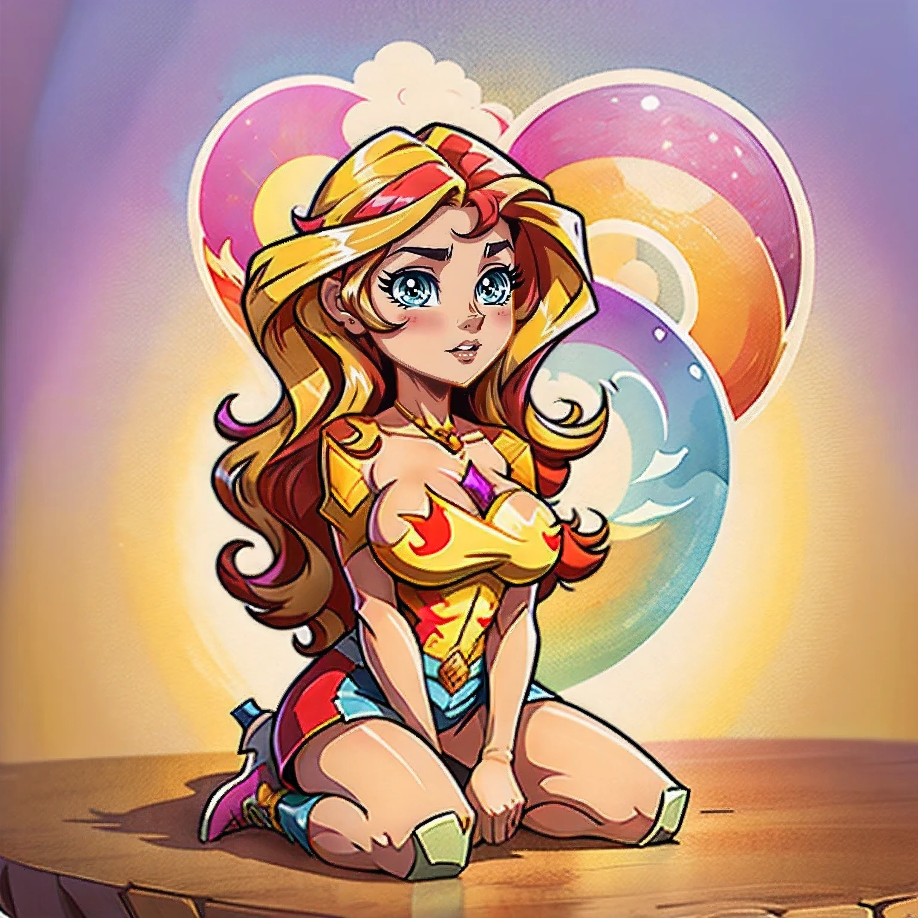 Sunset Shimmer bare big breasts, full body portrait with high heeled boots, cowboy shot, full-length, Sunset Shimmer aged 25, topless, bare breasts, big breasts, shoes visible, detailed anime eyes, adesivo, fundo simples, full portrait, long hair, beautiful sunset shimmer girl, pony aesthetic, beautiful girl, very beautiful fantasy art, beautiful and elegant female pony girl, beautiful detailed fantasy, red and yellow colour palate, red and yellow colour-theme, vintage t-shirt design, in the style of hand drawing, 3D vector art, fantasy art, watercolour effect, Adobe Illustrator, hand-drawn, digital painting, low-poly, soft lighting, isometric style, retro aesthetic, focused on the character, 4K resolution,