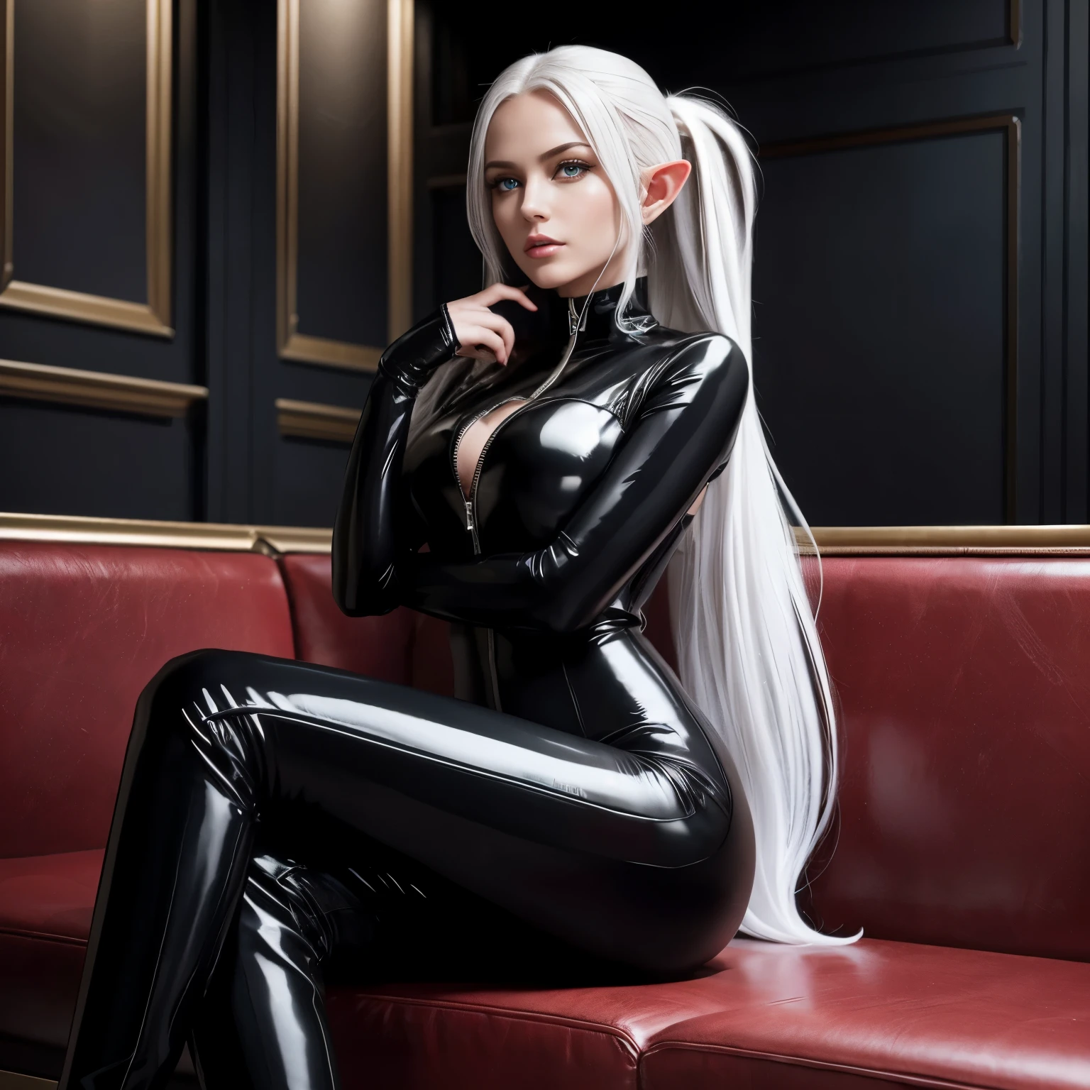 two elf girls, only girls, super fine photo, portrait Unreal Engine 5 8K UHD, two elf girls, beautiful girls, elf, long white hair, tight black latex catsuit, With a zipper, in a skin tight black latex outfit, slick black catsuit, black iconic character, smooth black skin, black body, PVC, some black, glossy latex suit, rubber suit, collar, rubber glove, rubber high boots, arm and leg cuffs, straps, best quality, masterpiece, official art, unified 8k wallpaper, super detailed, sharp focus, hugging, erotically sitting on a leather sofa, dynamic pose, body parts, no extra limbs, precisely anatomy