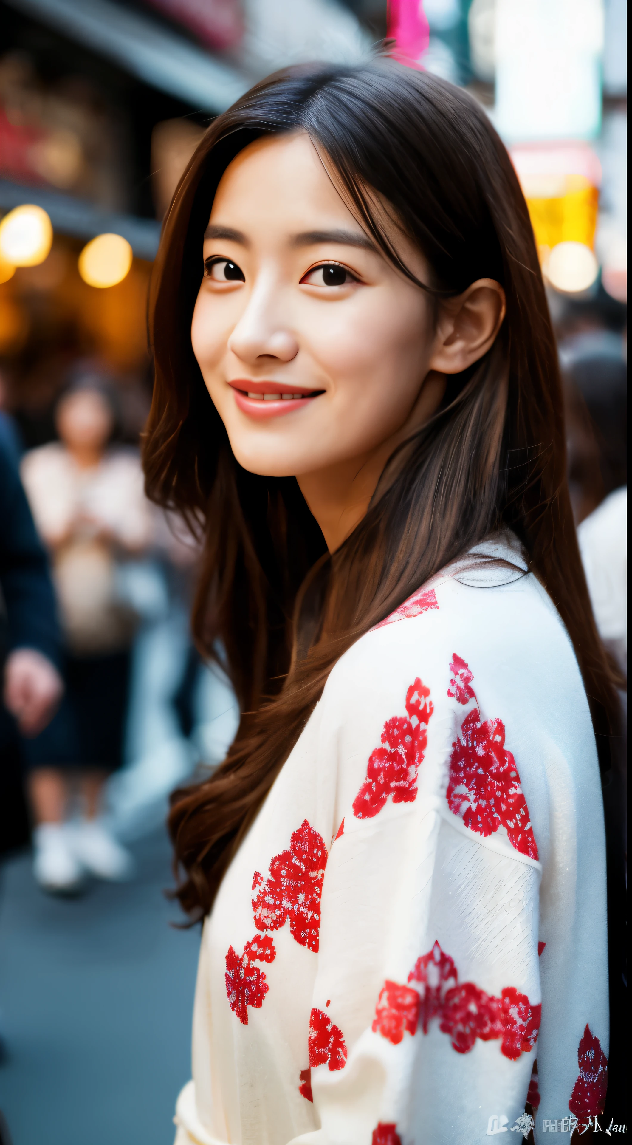 with high definition imageasterpiece), highest image quality, ultra high-definition CGUnity 8k Wallpapers, solo, white kimono with intricately designed floral pattern, red belt, outdoors, The background is the lively and vibrant area of Dotonbori with its colorful neon lights and bustling crowds. Facial details show a gentle smile with wrinkles around the eyes and a elegantly shaped nose. Chestnut hair falls gently over the shoulder, high resolution image with the camera fixed on the subject as she smiles serenely. Full body image in high resolution.