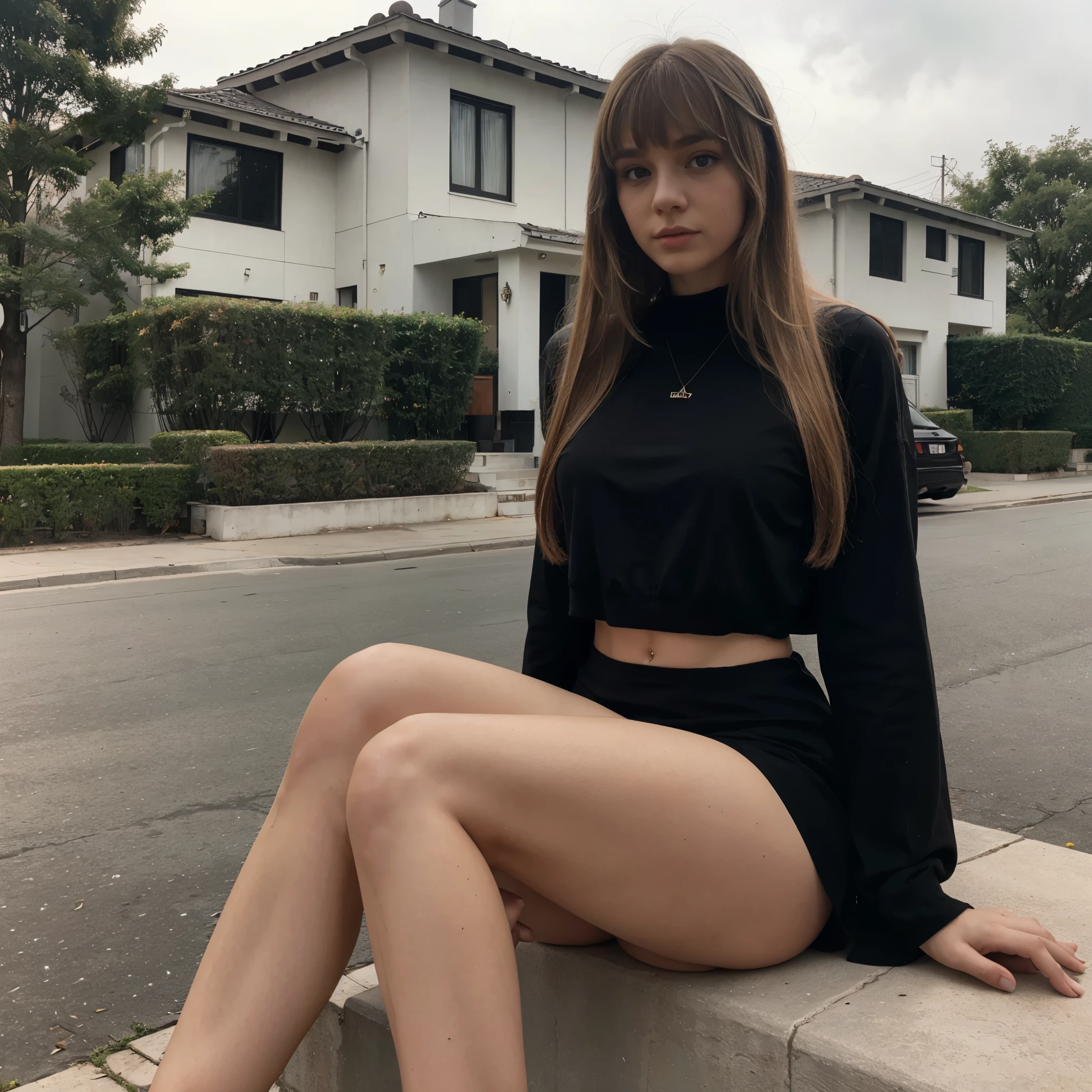 teen russian girl with blonde long hair with bangs wearing a black slip mini dress with a big modern mansion in a neighborhood in Bel-Air background on a foggy day